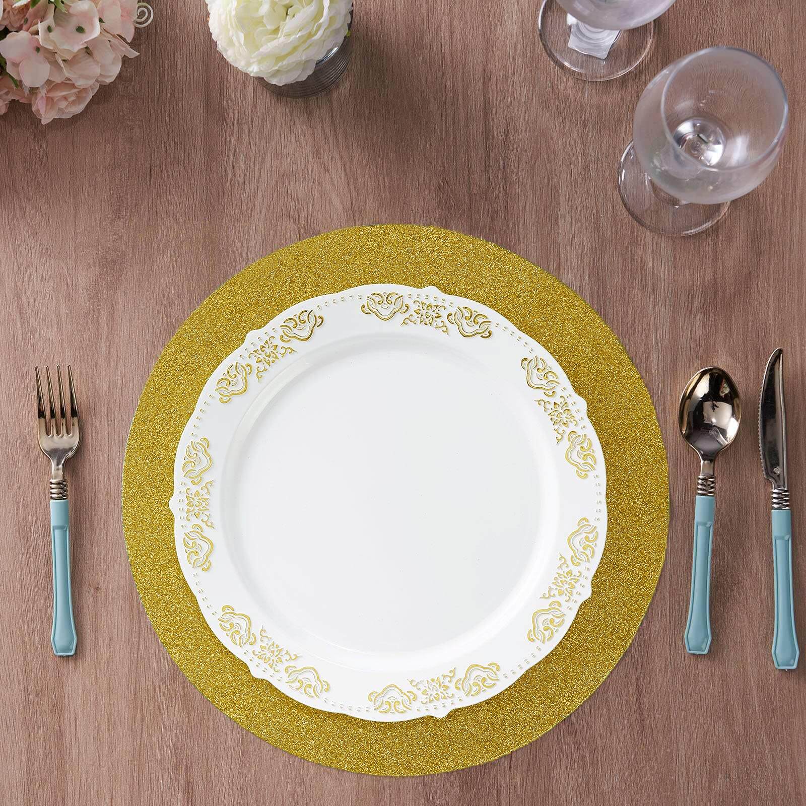 6-Pack Placemats Glitter Design Gold Sparkle Round - Non-Slip Decorative Dining Table Mats 13"