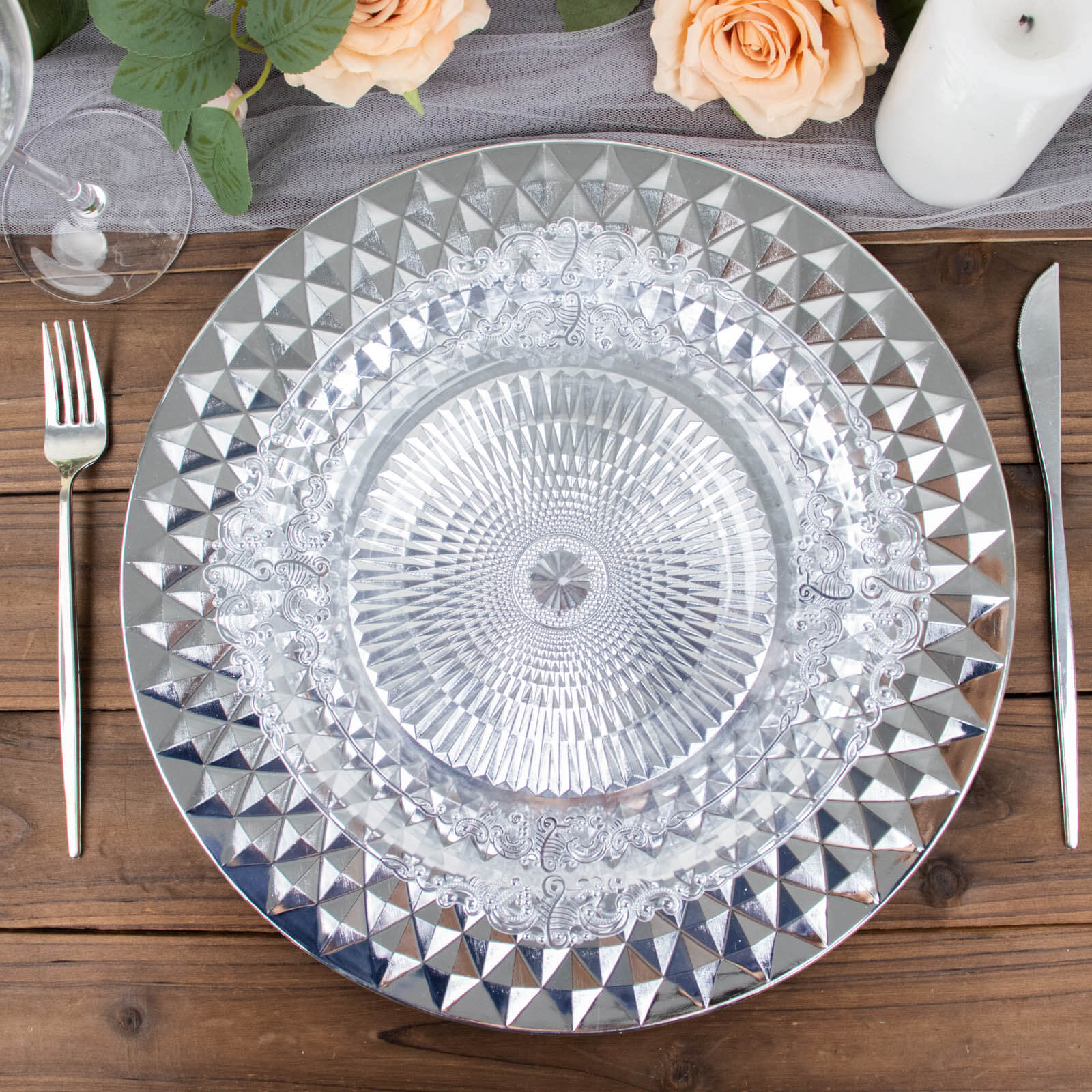 6-Pack Plastic Round Charger Plates 13" in Silver with Diamond Pattern, Sparkling Disposable Dinner Charger Tableware