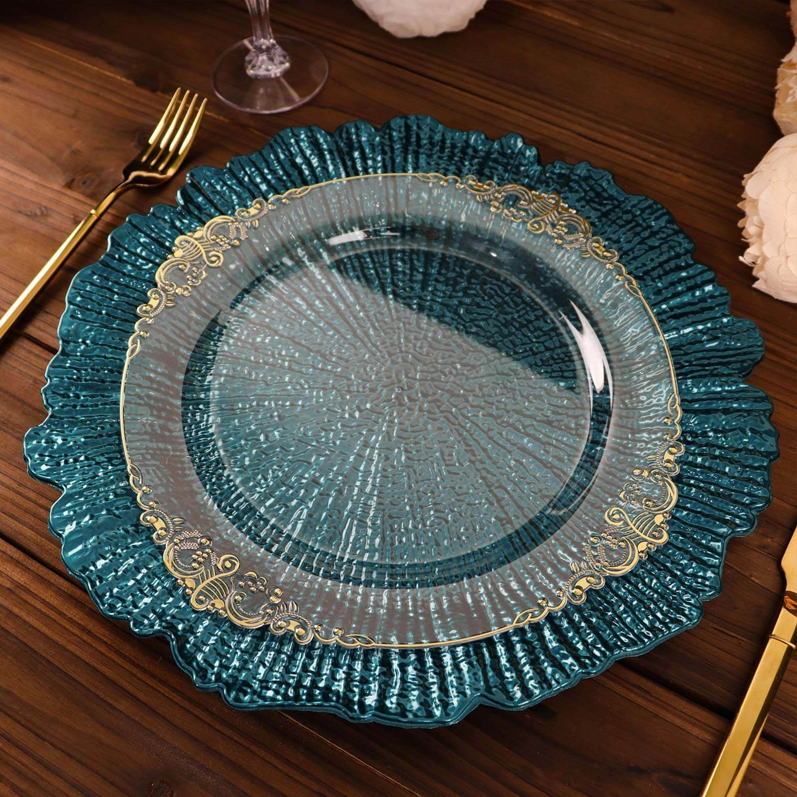 6-Pack Acrylic Plastic Round Charger Plates 13" in Peacock Teal with Reef Design, Dinner Charger Tableware