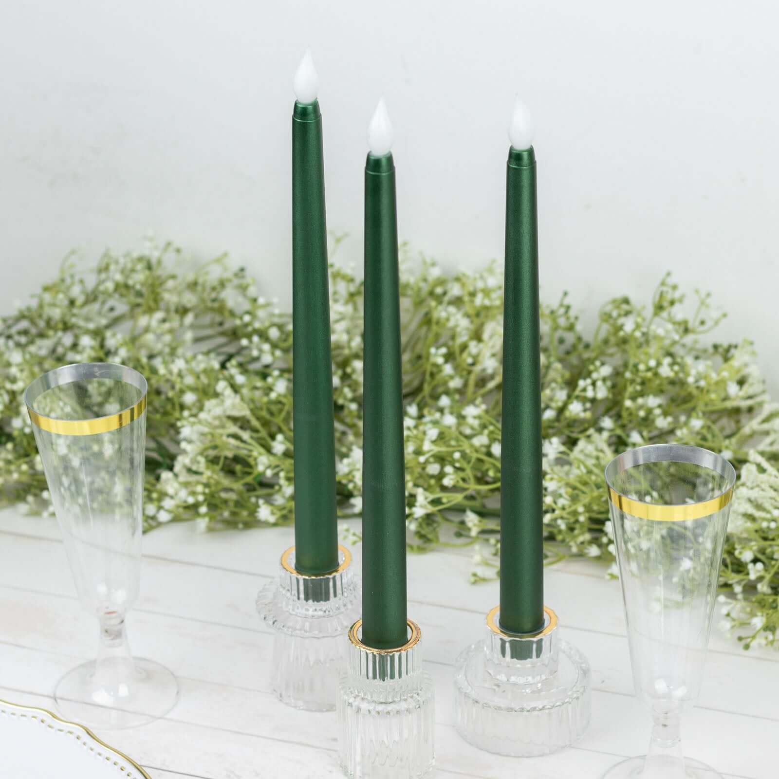 3-Pack LED Decorative Lighting Warm Flickering Hunter Emerald Green - Flameless Taper Candles 11"