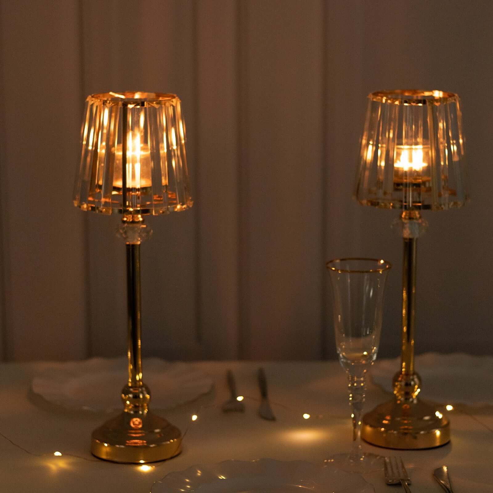2-Pack 15" Crystal Pendant Candle Holders - Classic Empire Lamp Shade Style in Gold, Votive Candle Stand For Table Centerpieces