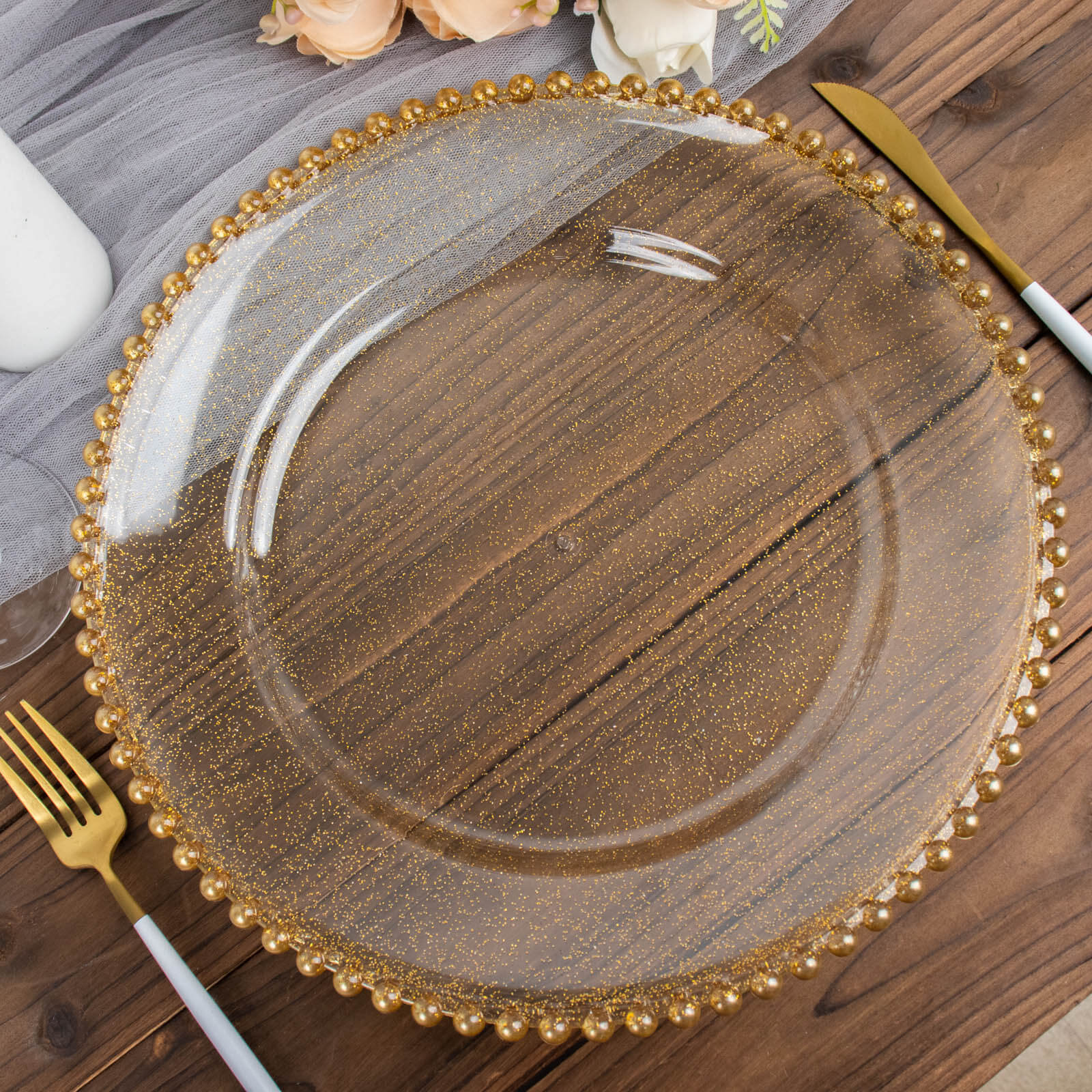 6-Pack Acrylic Round Charger Plates 13" in Clear Gold Glittered with Beaded Rim, Decorative Dinner Party Serving Plates