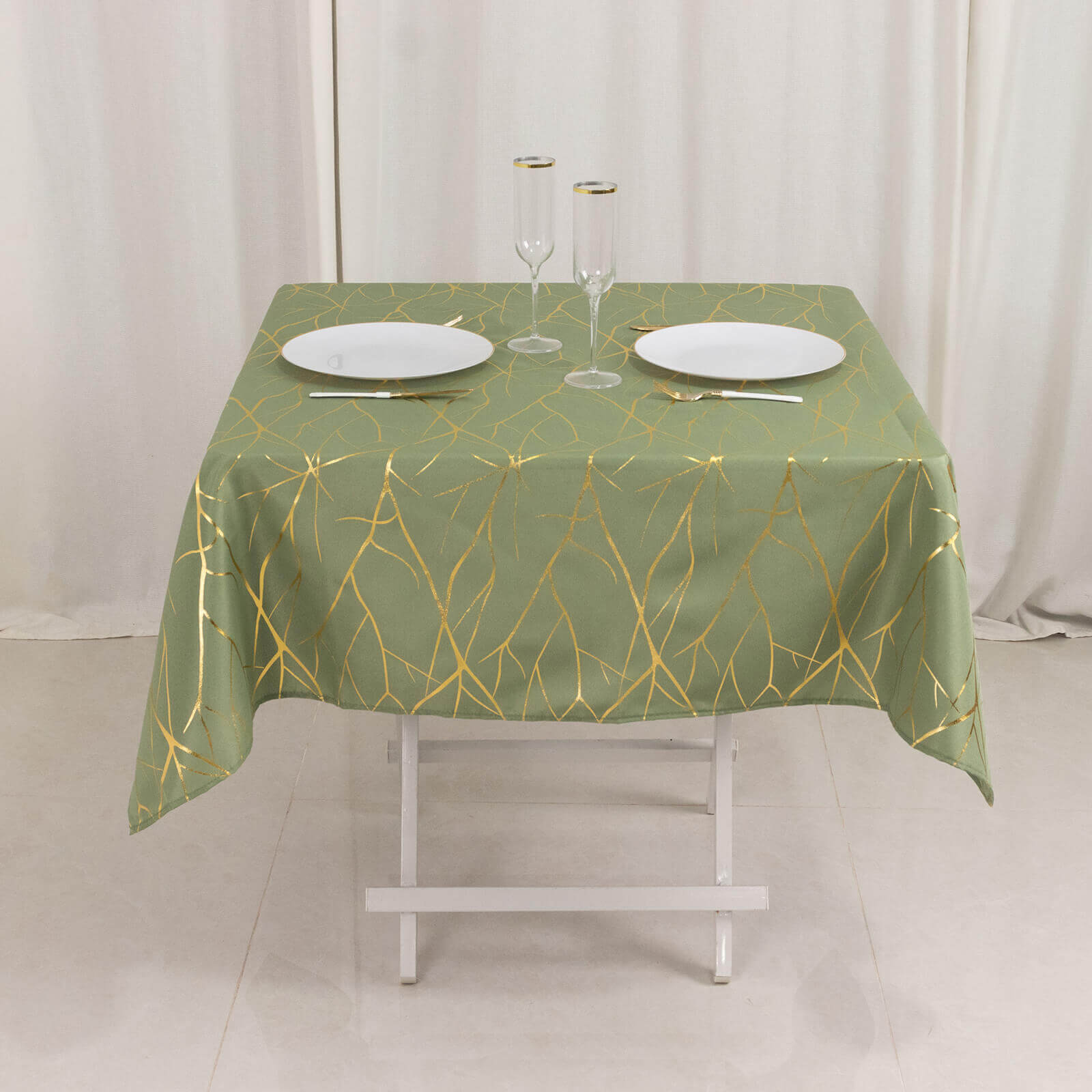 Polyester 54"x54" Square Tablecloth Dusty Sage Green with Gold Foil Tree Branch Pattern - Wrinkle-Resistant & Durable Table Cover
