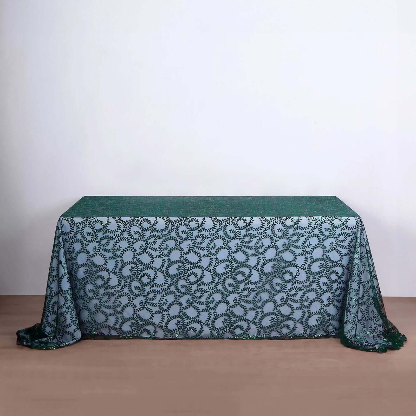 Tulle 90"x156" Rectangle Tablecloth Hunter Emerald Green - Sequin Leaf Embroidered Table Cover