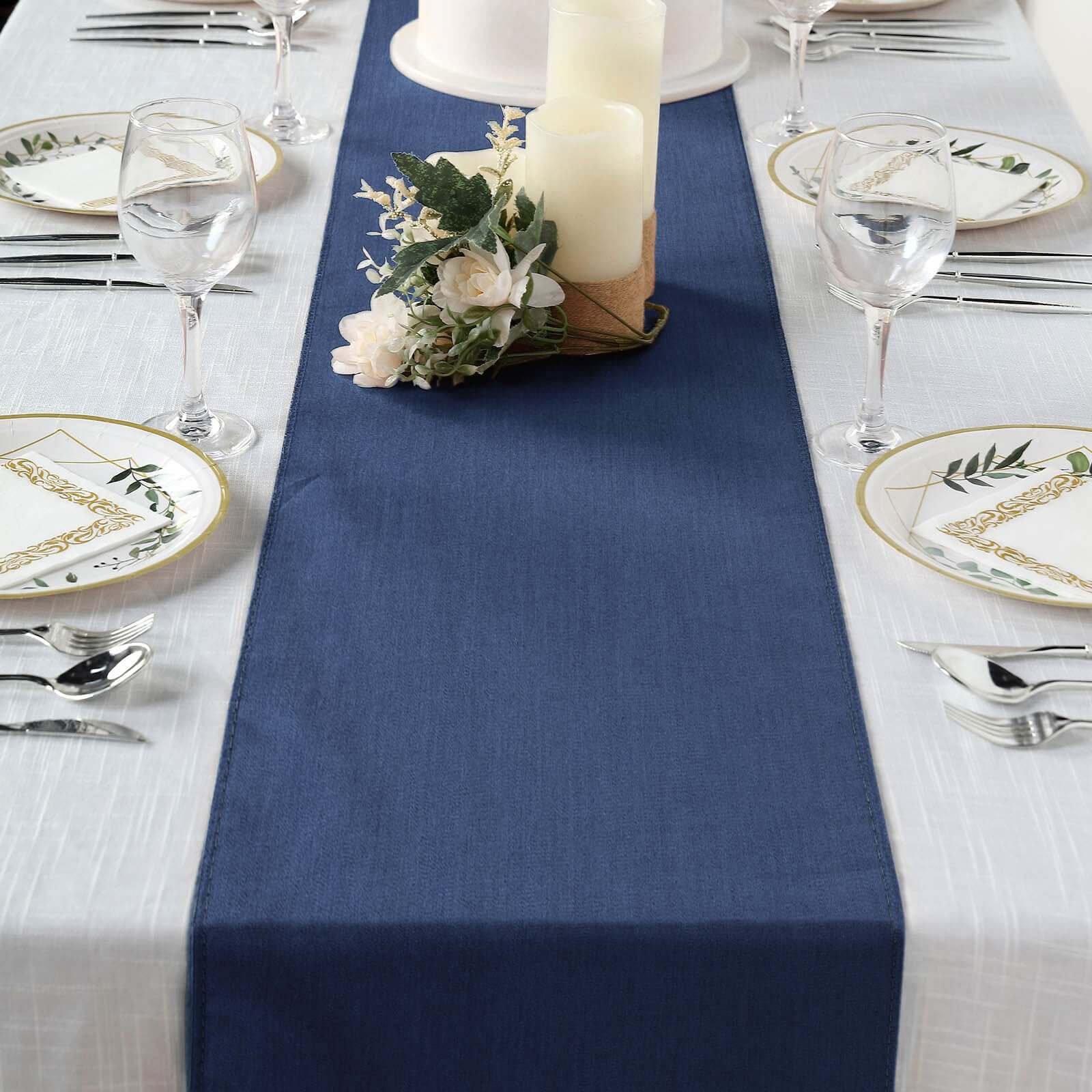 Polyester 14"x108" Table Runner Dark Blue Faux Denim - Modern Dining Table Runner