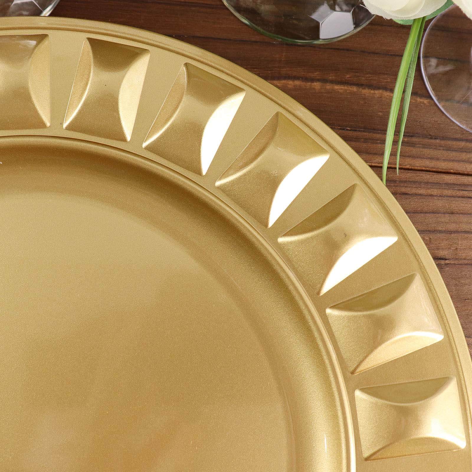 6-Pack Plastic Round Charger Plates 13" in Gold with Bejeweled Rim, Luxe Decorative Dinner Party Charger Tableware
