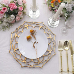 6-Pack Acrylic Round Charger Plates 13" in Gold with Floral Cutout Design, Hollow Flower Plastic Decorative Dinner Party Charger Tableware
