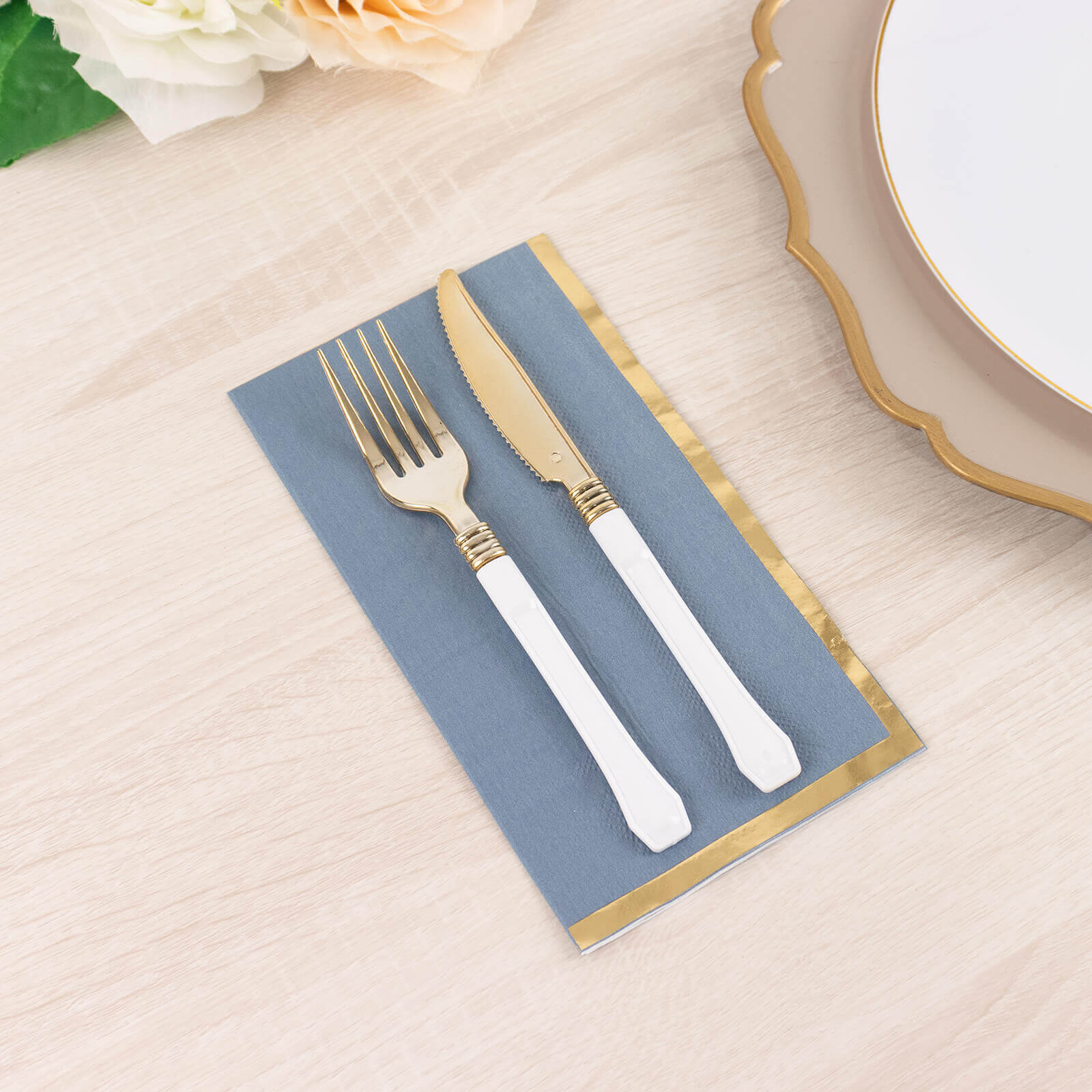 50-Pack Paper Dinner Napkins Dusty Blue with Gold Foil Edge 2 Ply - Stylish Disposable Napkins