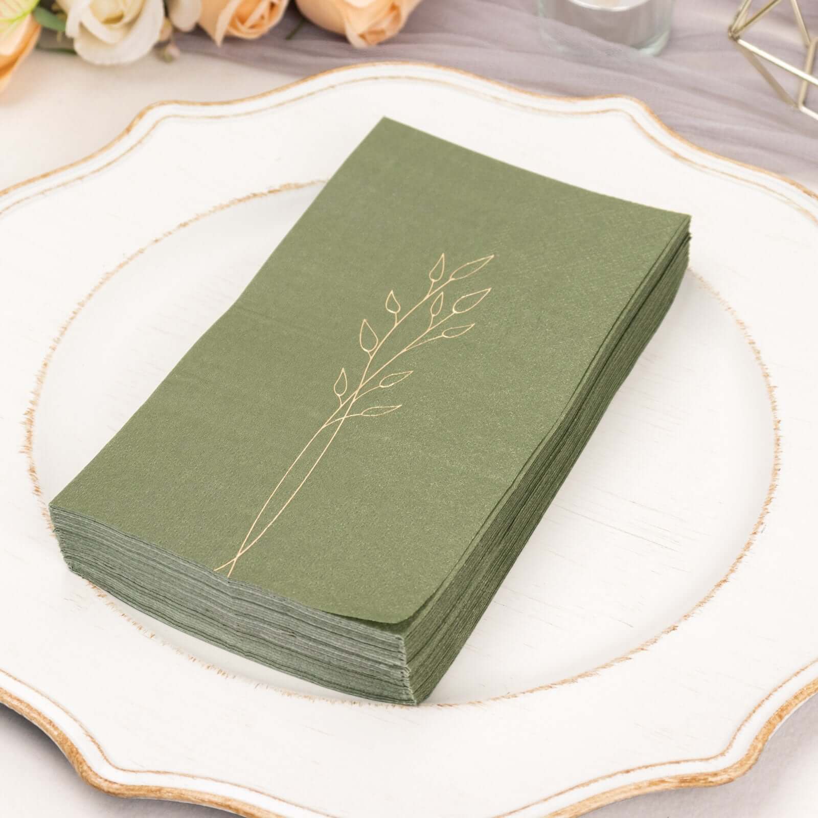 50-Pack Paper Dinner Napkins Dusty Sage Green with Gold Embossed Leaf - Stylish 2-Ply Disposable Napkins for Weddings 18GSM