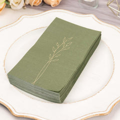 50-Pack Paper Dinner Napkins Dusty Sage Green with Gold Embossed Leaf - Stylish 2-Ply Disposable Napkins for Weddings 18GSM