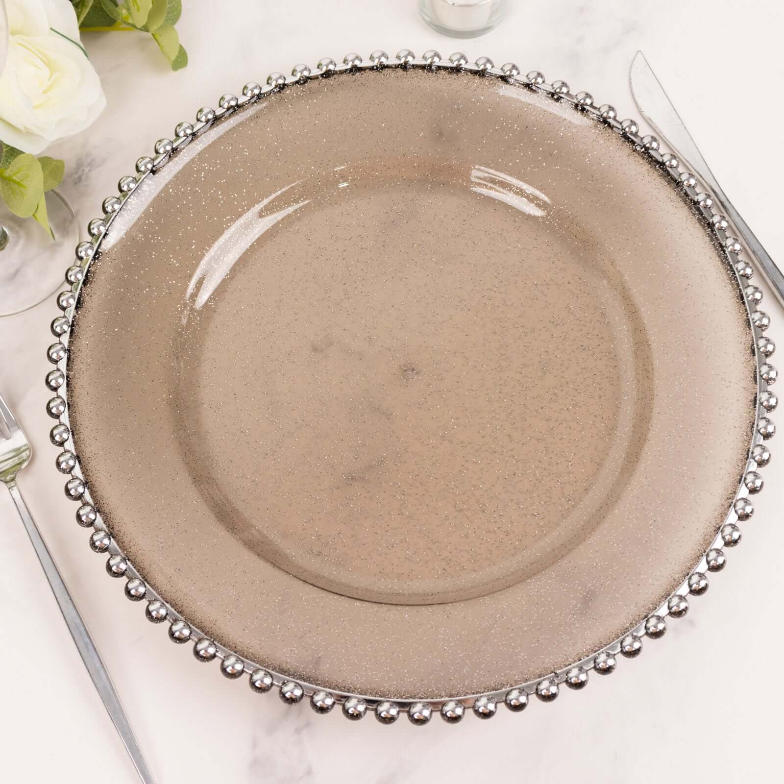 6-Pack Acrylic Round Charger Plates 13" in Transparent Black Silver Glittered with Beaded Rim, Decorative Dinner Party Charger Tableware