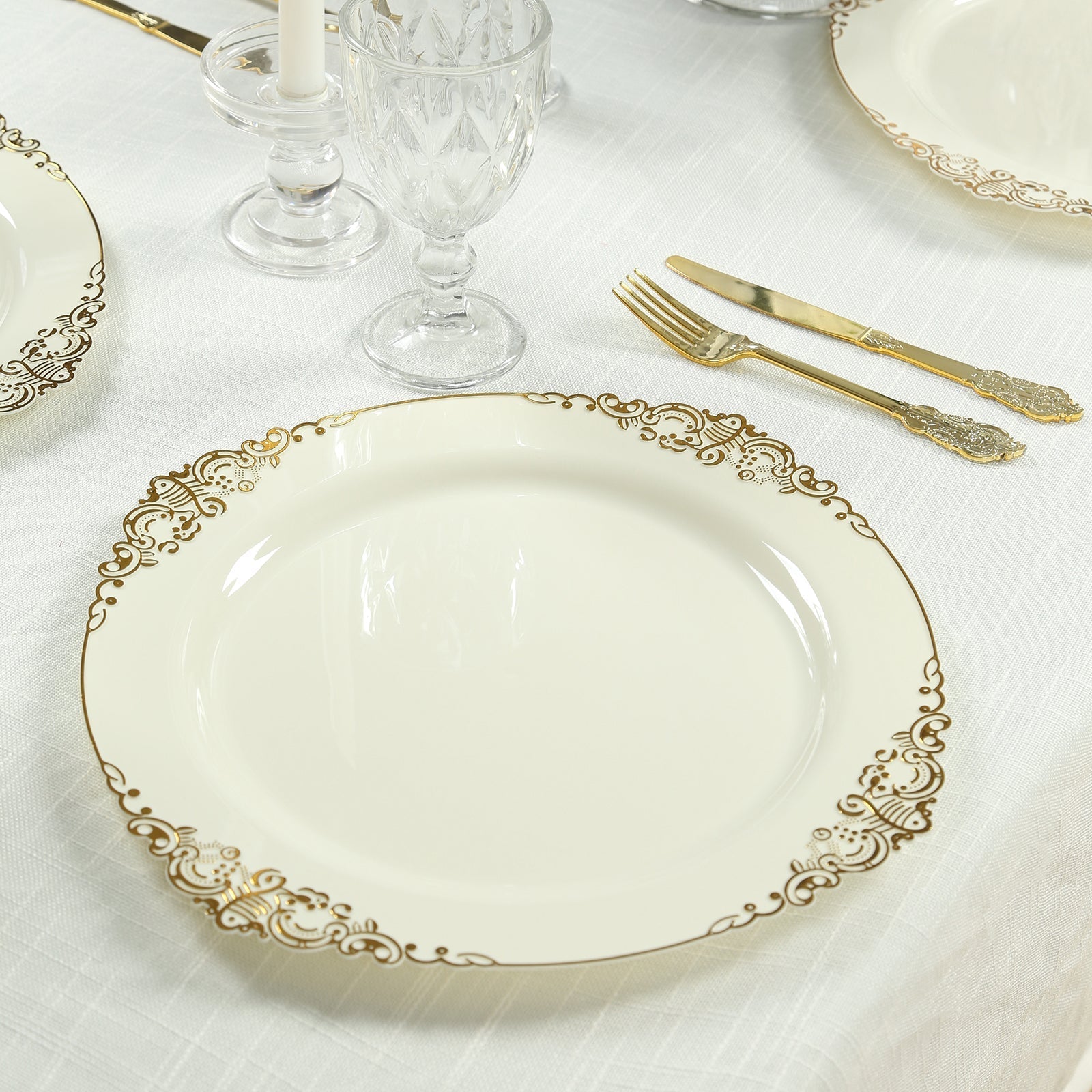 20-Pack Economy Plastic Round Charger Plates 13" in Ivory with Gold Embossed Baroque Rim, Stylish Dinner Party Serving Plates