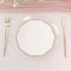 25-Pack Paper 7" Decagon Appetizer Plates in White with Gold Foil Rim - Stylish Geometric Dessert/Salad Plates for Cocktail Parties & Receptions