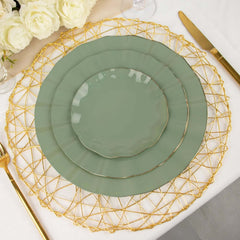10-Pack Plastic 9" Round Dinner Plates in Dusty Sage Green Ruffled Rim with Gold Edging - Sturdy Disposable Dinnerware