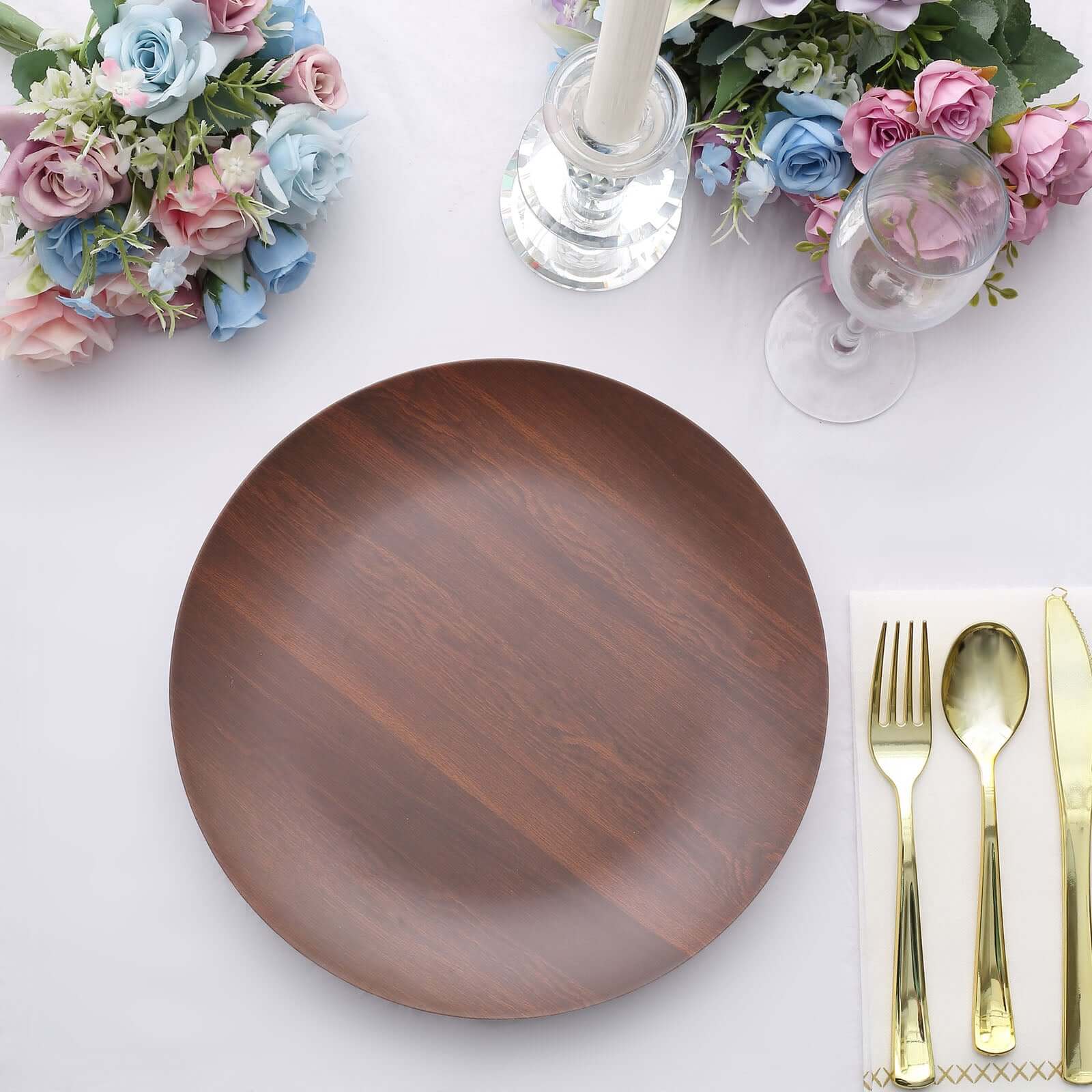 Pack of 6 Melamine 10" Round Dinner Plates in Brown Wood Grain Print - Disposable Shatterproof Party Plates for Rustic Farmhouse-Inspired Table Decor