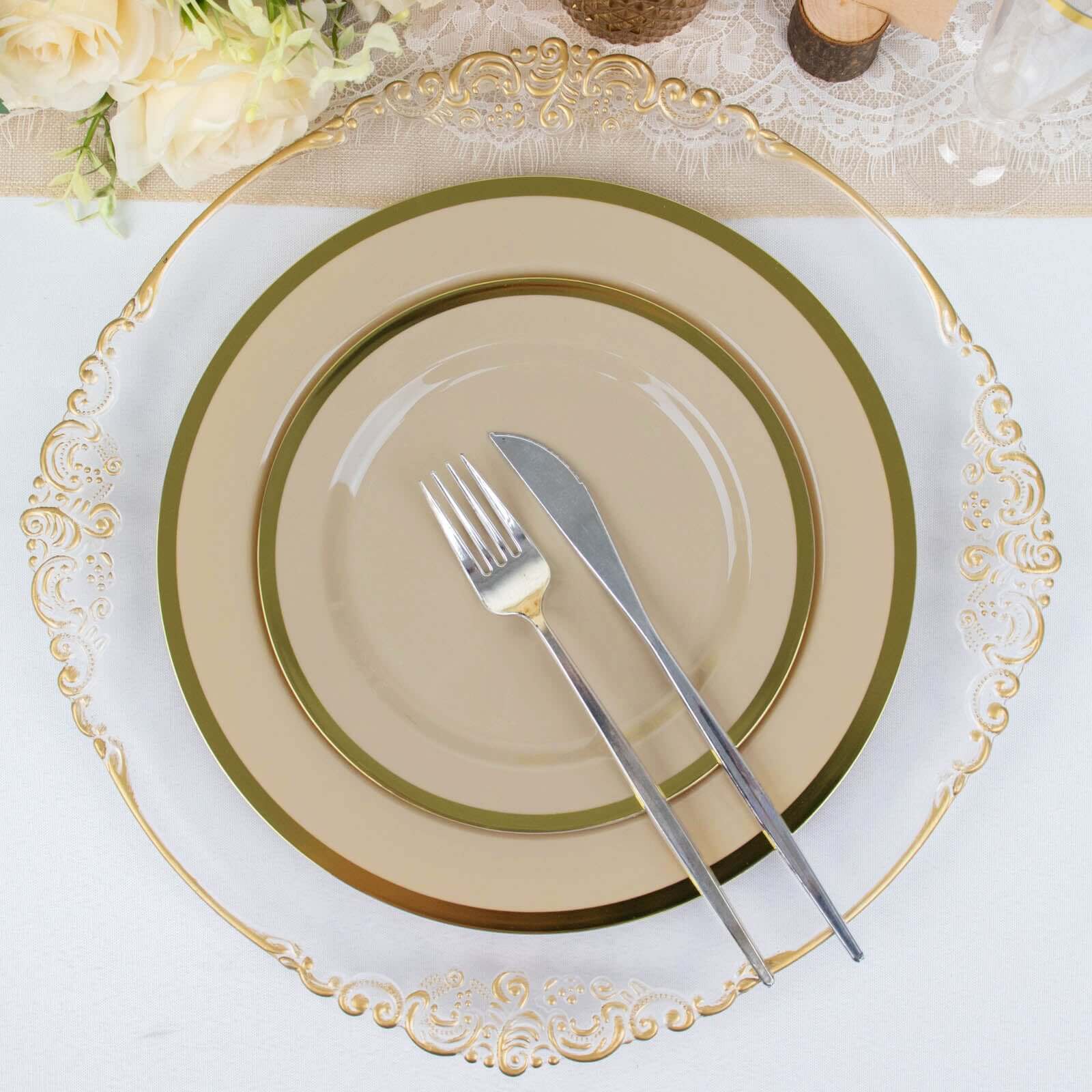 10-Pack Plastic 10" Round Dinner Plates in Taupe with Gold Rim - Disposable Party Plates for Classy Banquets & Special Occasions