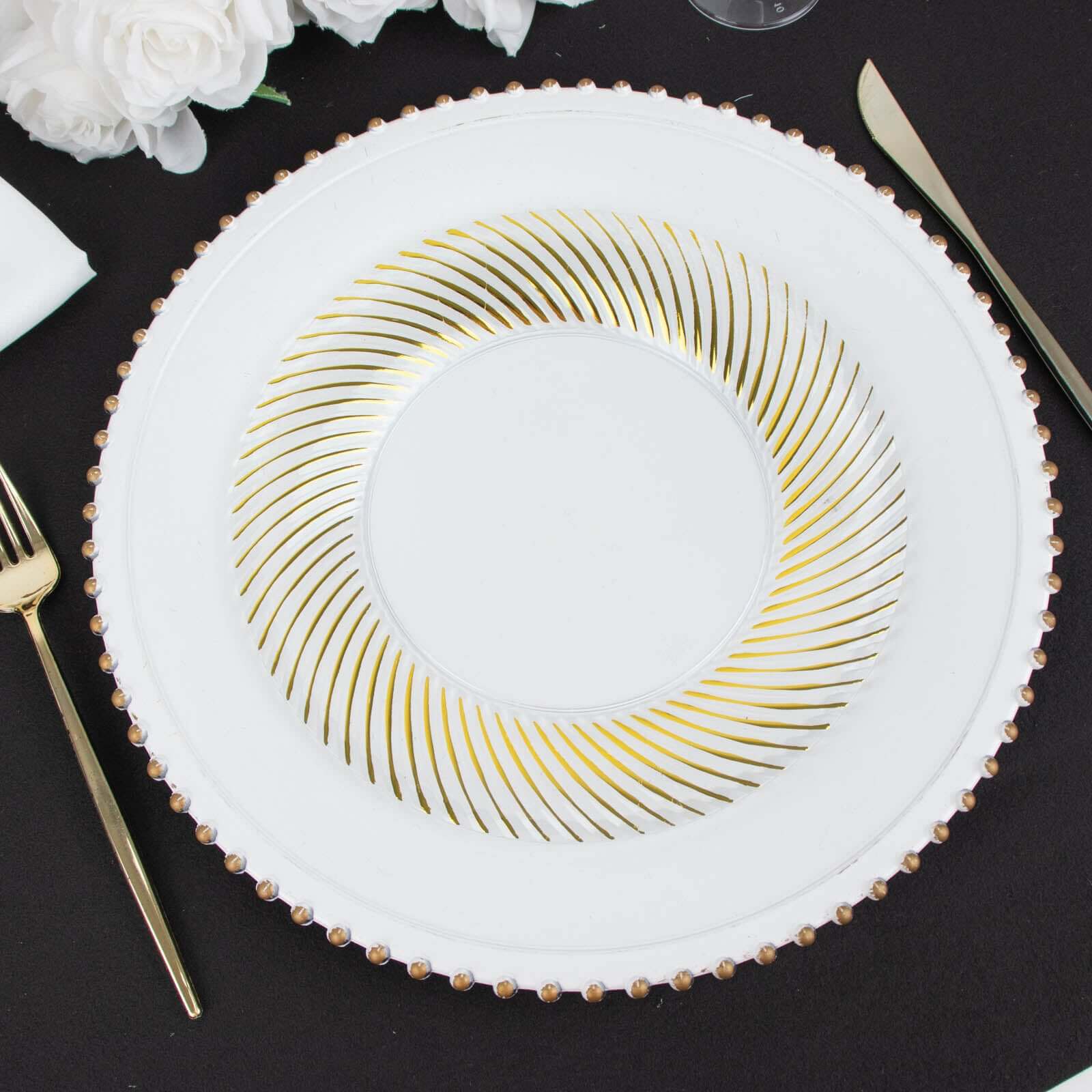 10-Pack Plastic 9" Round Dinner Plates White with Gold Swirl Rim - Disposable Party Plates