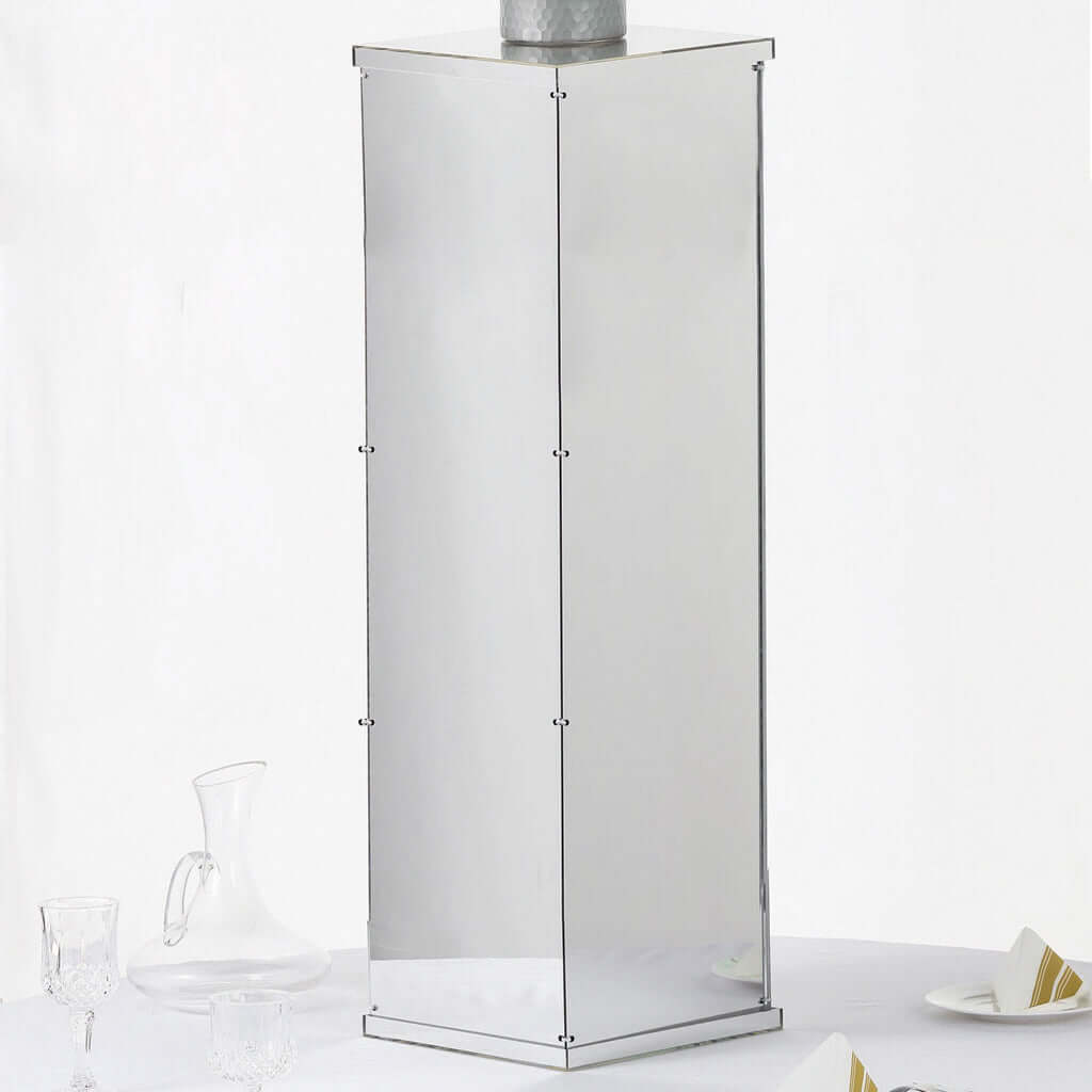 40" Floor Standing Silver Mirror Finish Acrylic Display Box, Pedestal Riser with Interchangeable Lid and Base