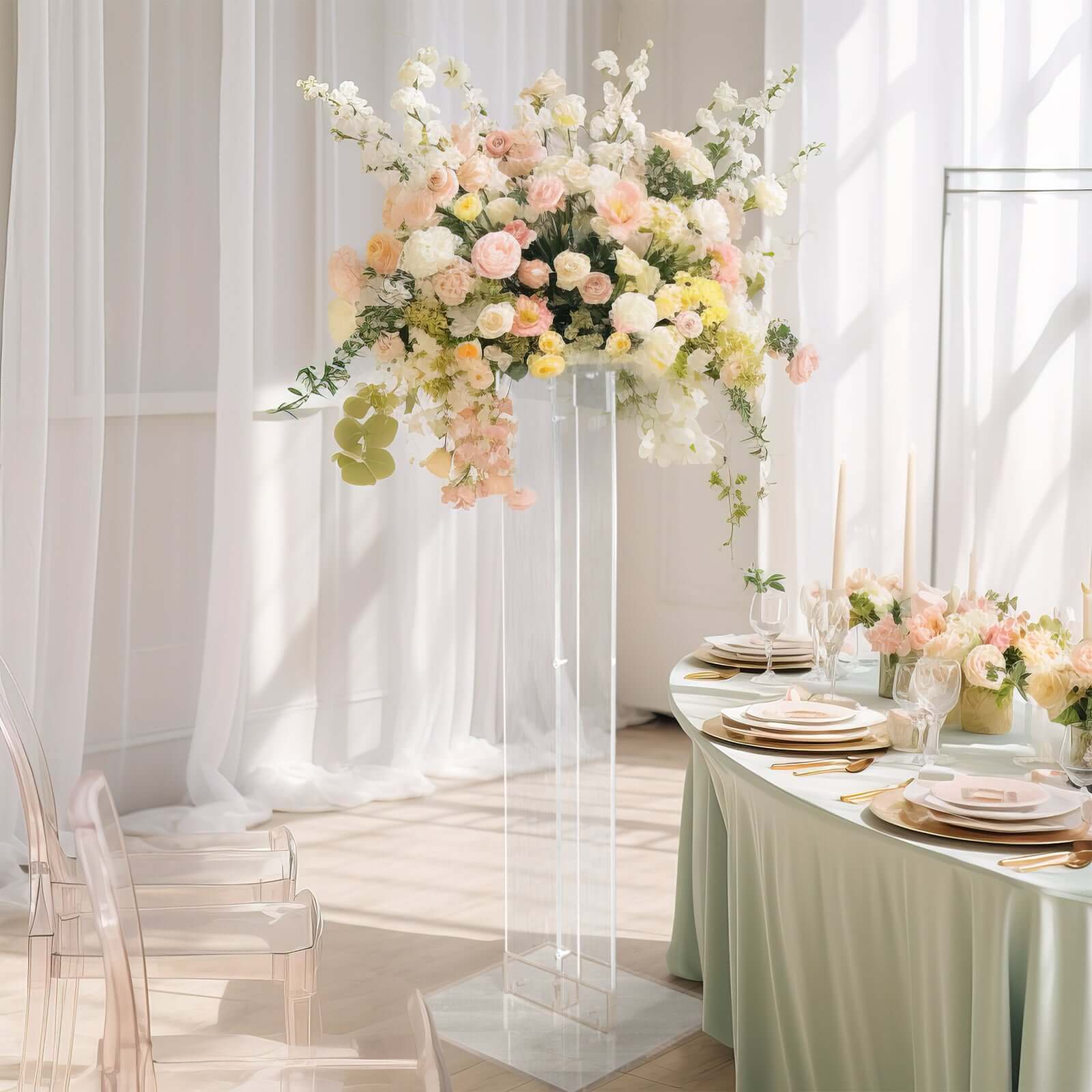 Acrylic Wedding Aisle Display Stand Flower Pedestal with Square Bases Clear - Durable 10mm Thick Centerpiece for Events 46"