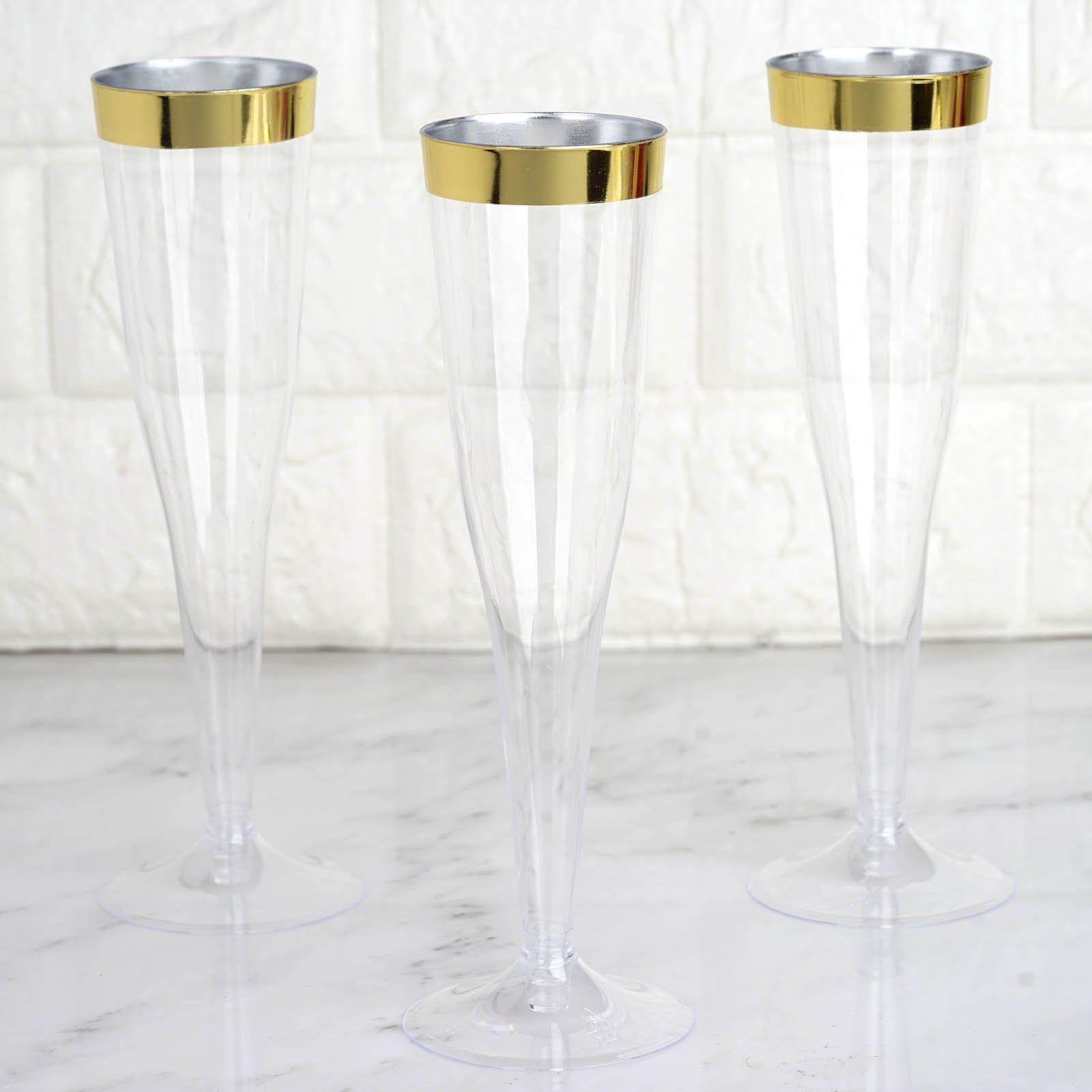 12-Pack Plastic Champagne Flutes Clear/Gold Hollow Stem - Stylish Disposable Glasses with Detachable Base for Toasts 6oz