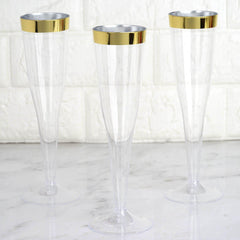 12-Pack Plastic Champagne Flutes Clear/Gold Hollow Stem - Stylish Disposable Glasses with Detachable Base for Toasts 6oz