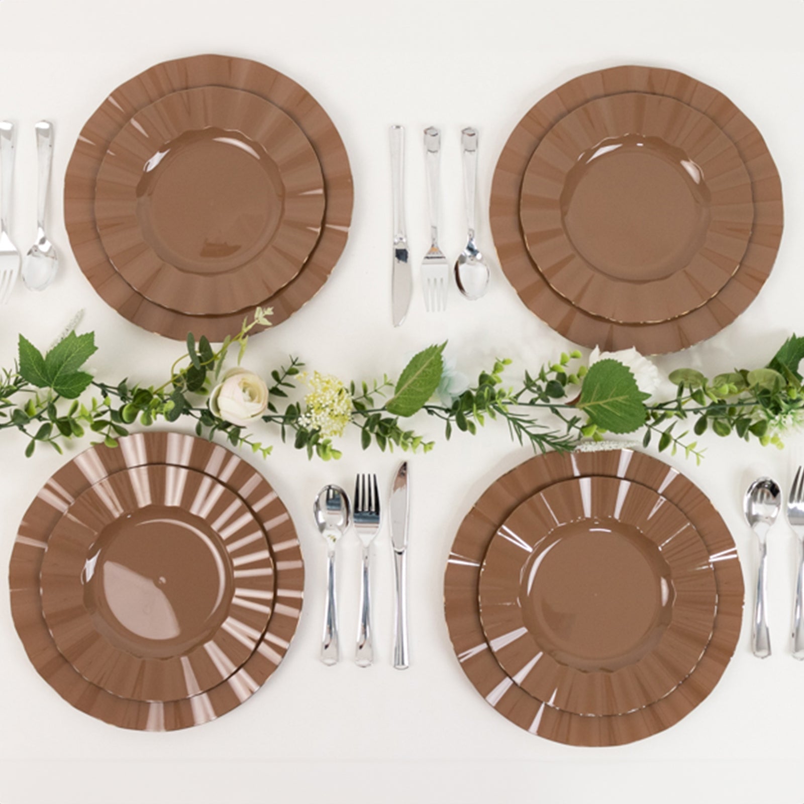 10-Pack Plastic 9" Round Dinner Plates in Coffee Brown Ruffled Rim with Gold Edging - Sturdy Disposable Dinnerware
