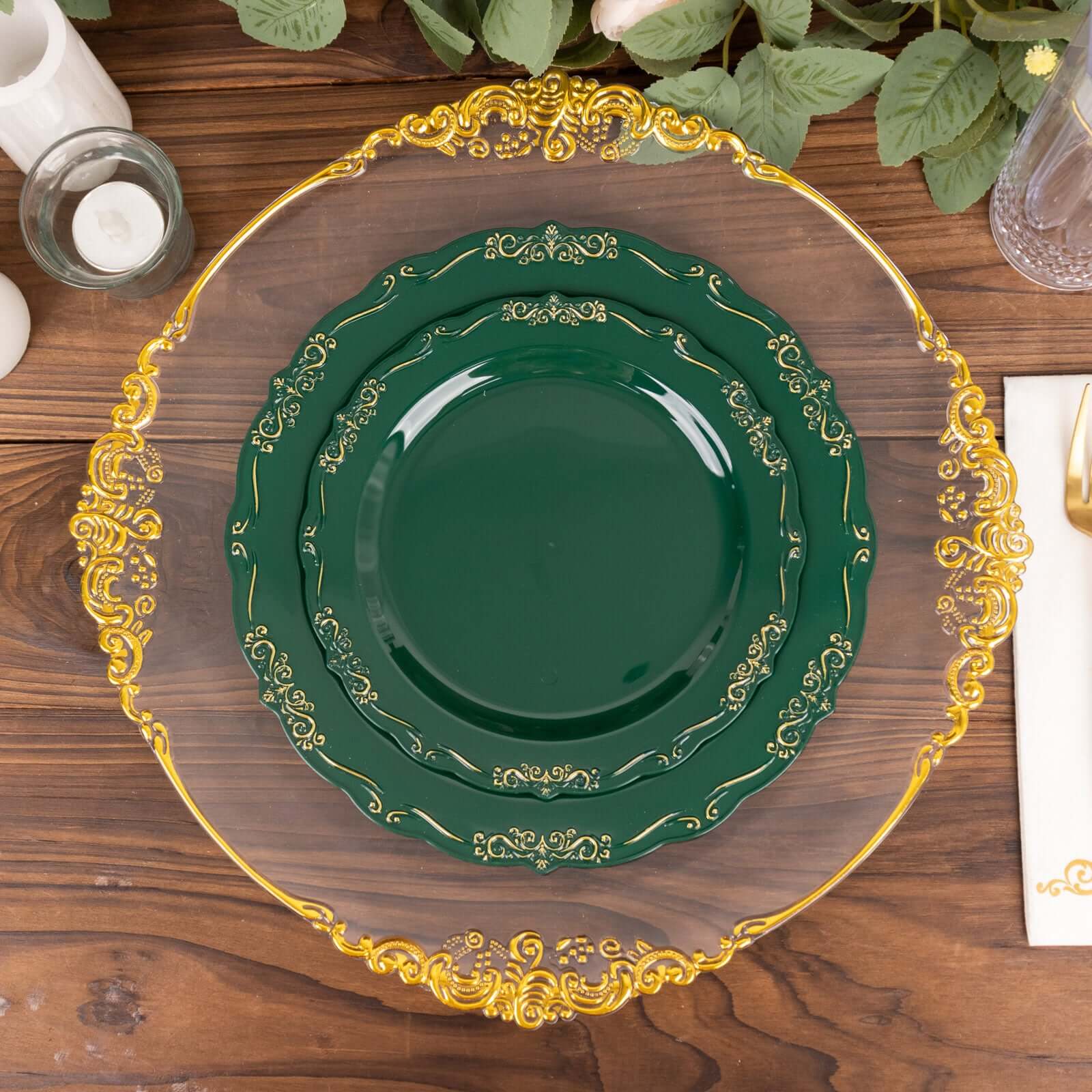 10-Pack Plastic 7" Round Dessert Plates in Hunter Emerald Green with Gold Vintage Embossed Rim - Sturdy Disposable Scalloped Edge Salad Plates