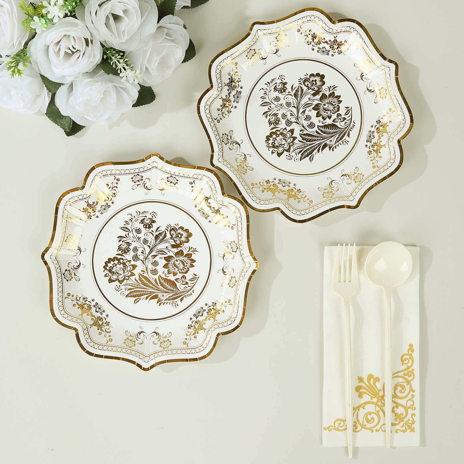 25-Pack Paper Dessert Plates in White with Gold Damask Floral Print & Scallop Rim - Stylish Disposable 300GSM Floral Salad Appetizer Plates for Weddings & Events 8"