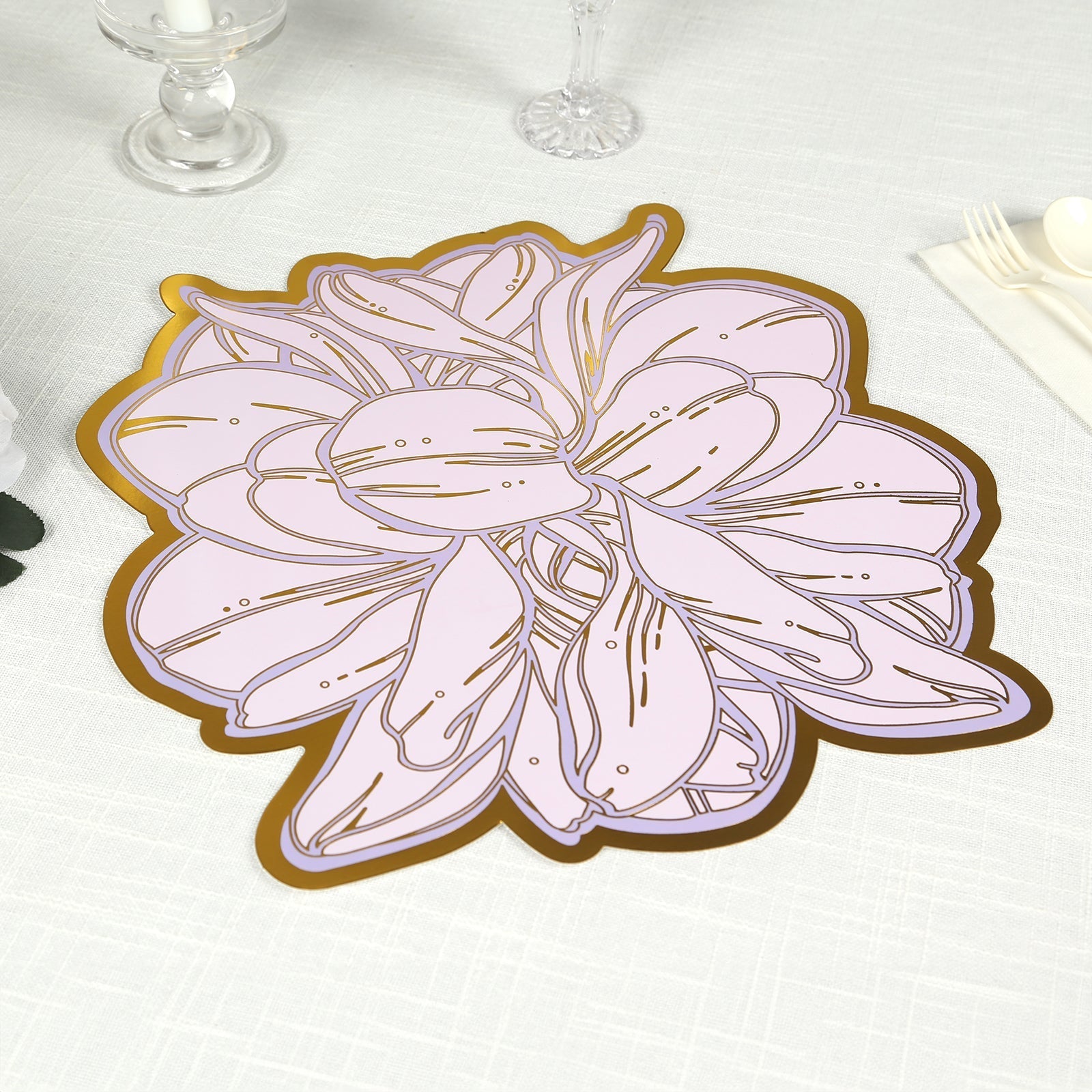 10-Pack Disposable Table Placemats in Lavender with Peony Flower Print & Gold Foil Edges - Lilac 300GSM Floral Cardboard Placemats for Dinner Parties & Gatherings 14"