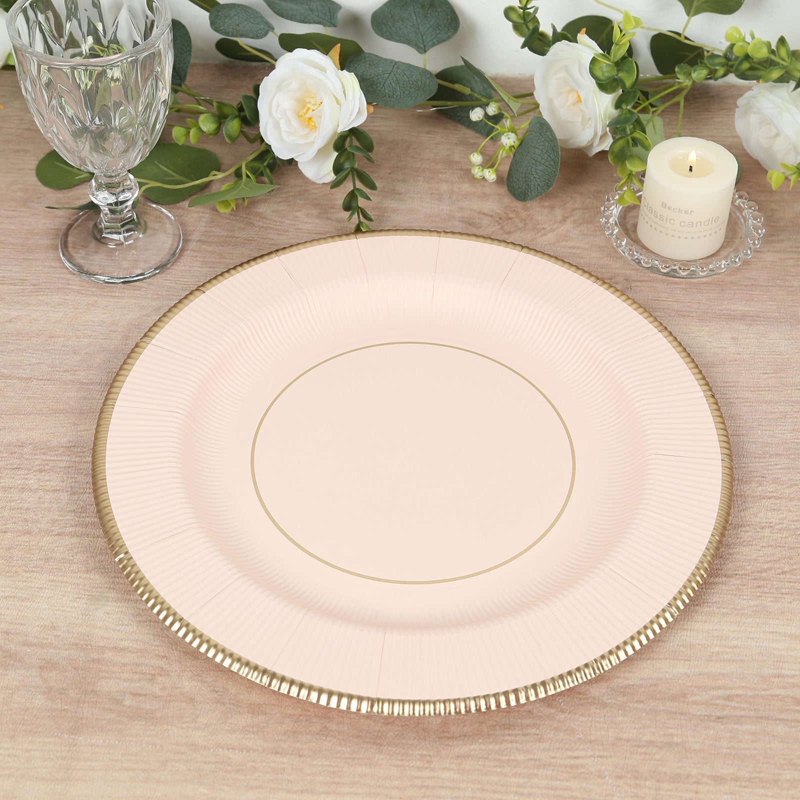 25-Pack Disposable Round Charger Plates in Blush Sunray Design with Gold Rim - 350GSM Heavy Duty Paper Chargers 13"