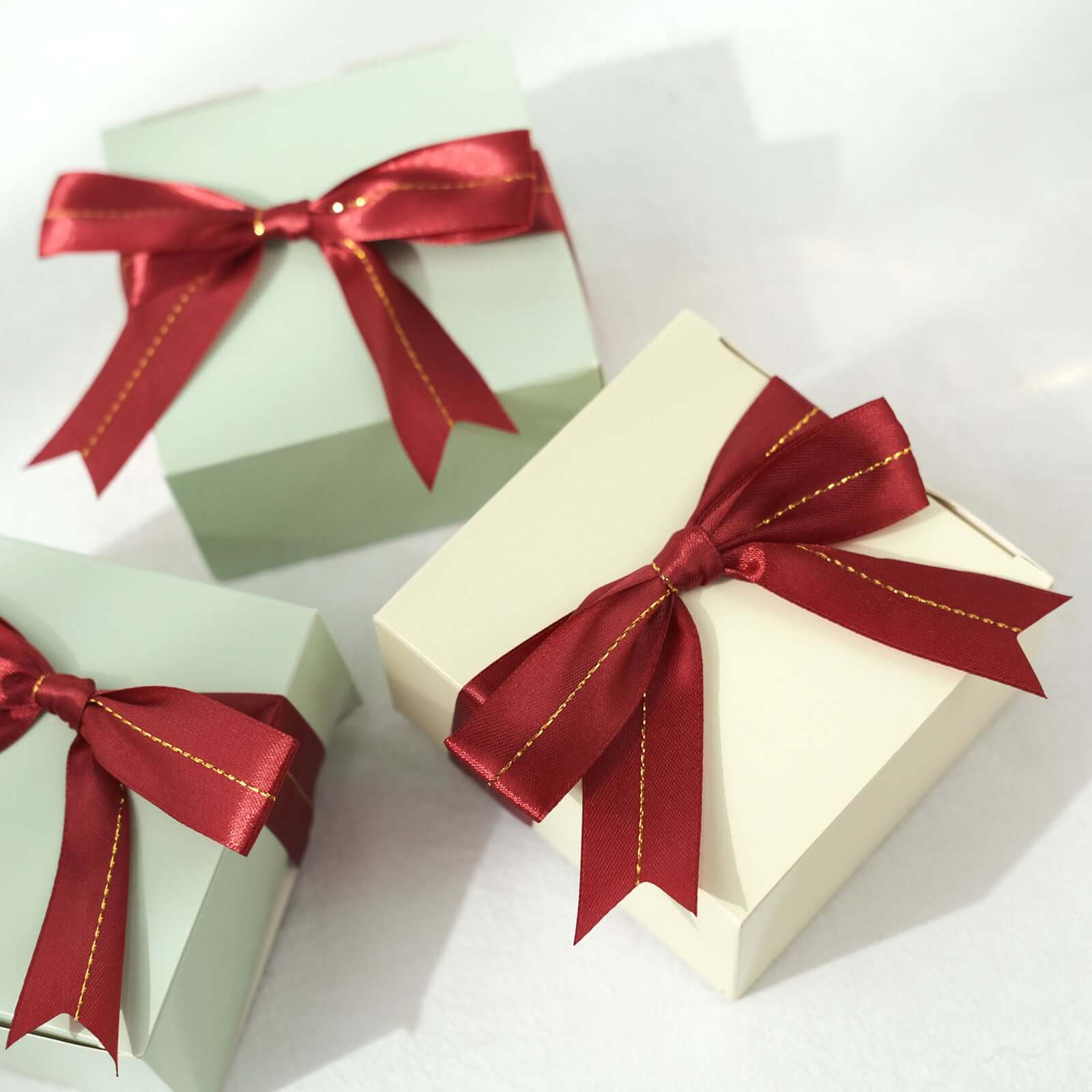 50 Pack Burgundy 10" Pre Tied Satin Ribbon Bows With Gold Foil Lining For Gift Basket and Party Favors Decor