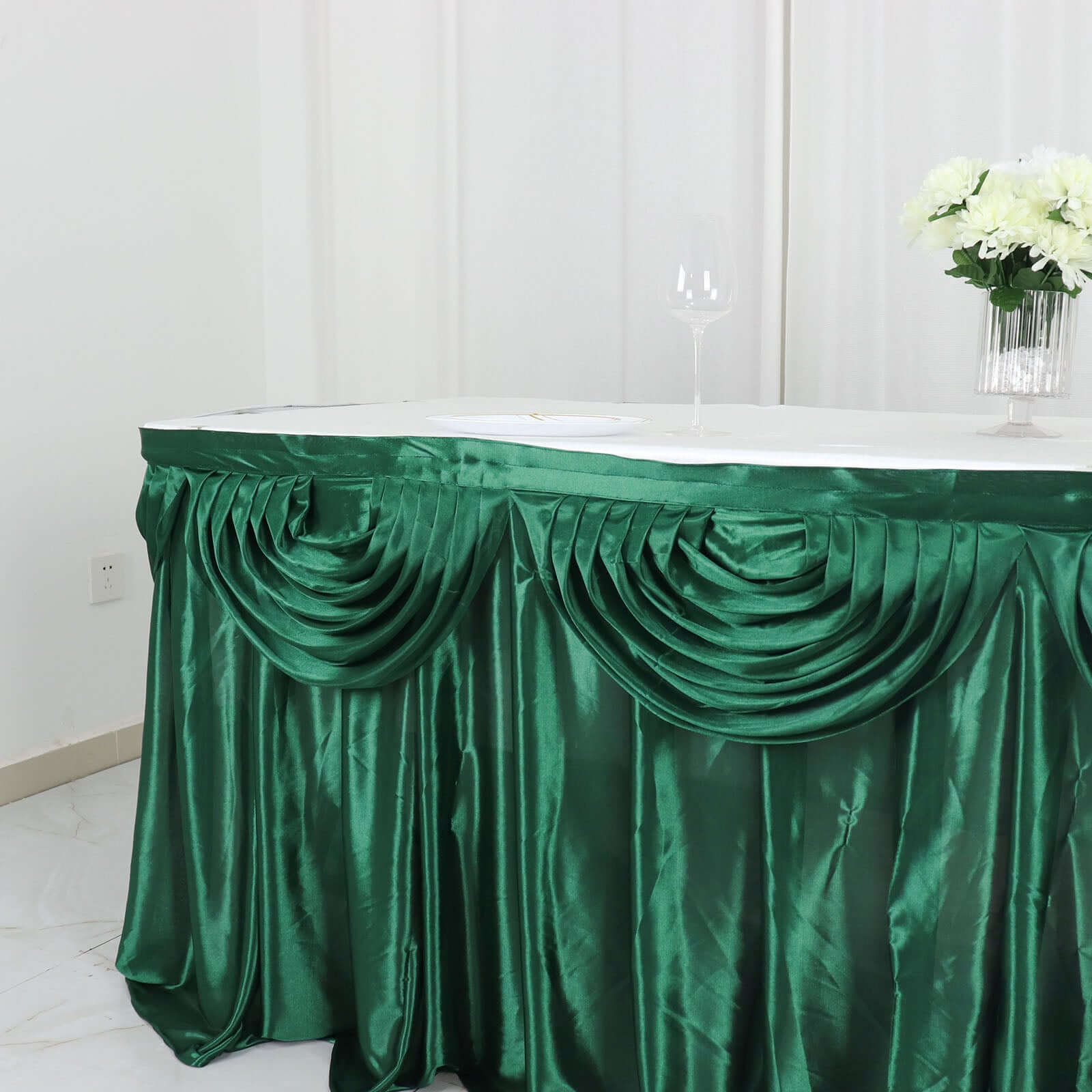 Satin 14ft Table Skirt Hunter Emerald Green - Pleated Double Drape Table Cover
