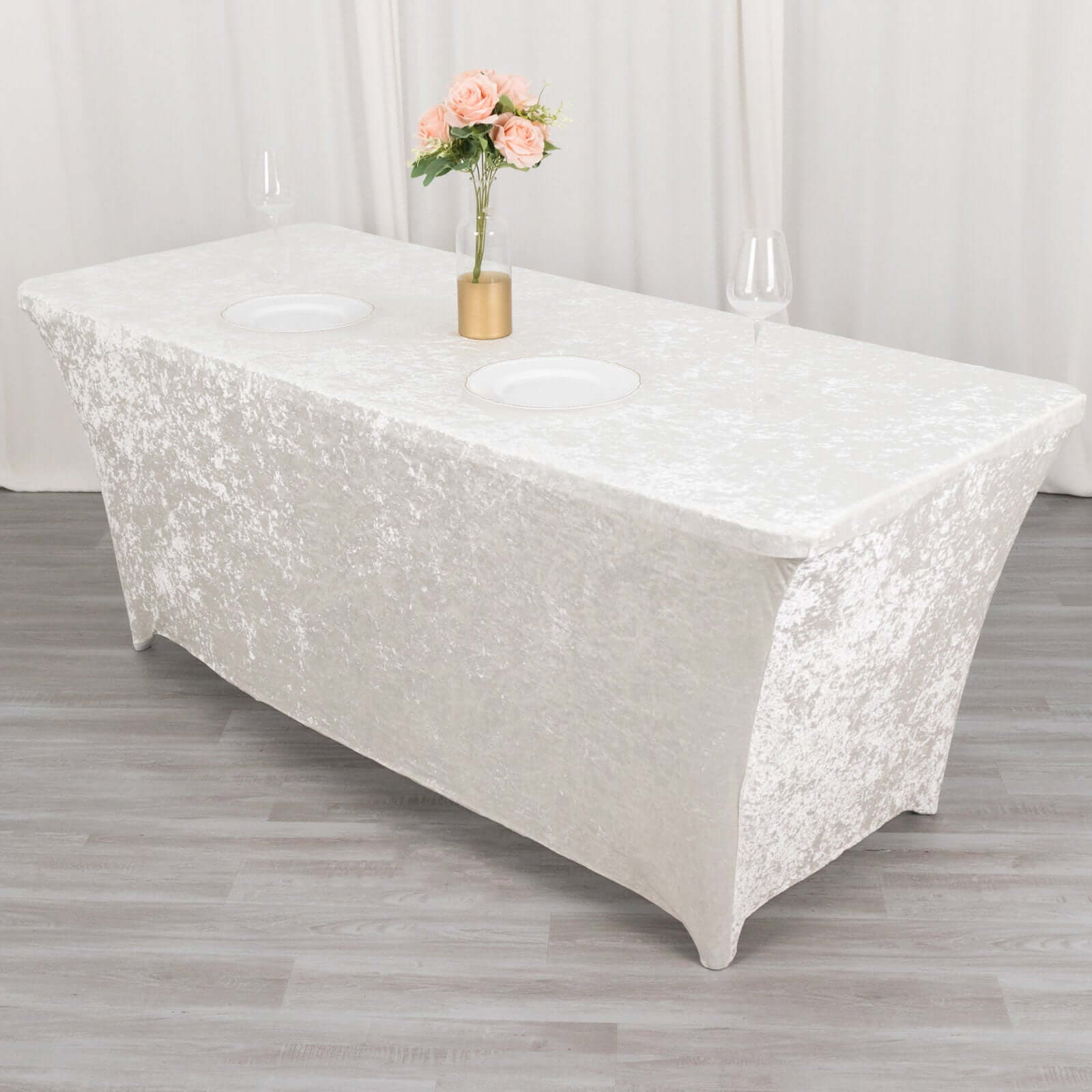 Crushed Velvet Fitted Rectangular 6ft Table Cover White - Wrinkle-Free Stretchy Tablecloth for Weddings and Banquets