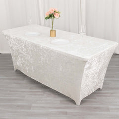 Crushed Velvet Fitted Rectangular 6ft Table Cover White - Wrinkle-Free Stretchy Tablecloth for Weddings and Banquets