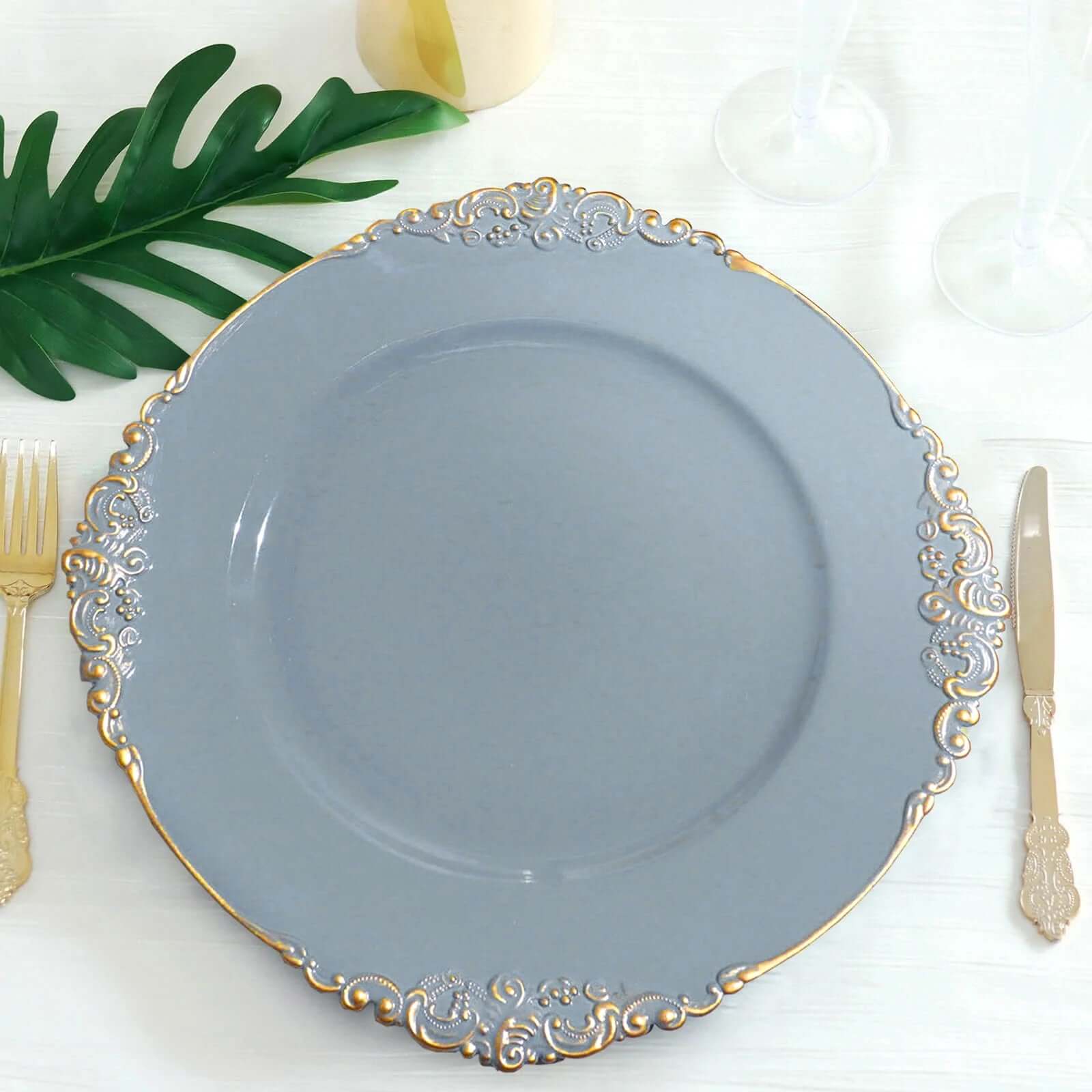 6-Pack Acrylic Round Charger Plates 13" in Dusty Blue with Gold Embossed Baroque Rim, Antique Decorative Dinner Party Charger Tableware