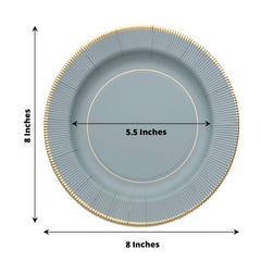 25-Pack Paper 8" Round Dessert Plates in Dusty Blue Sunray Design with Gold Rim - Disposable Heavy Duty 350GSM Appetizer Salad Plates