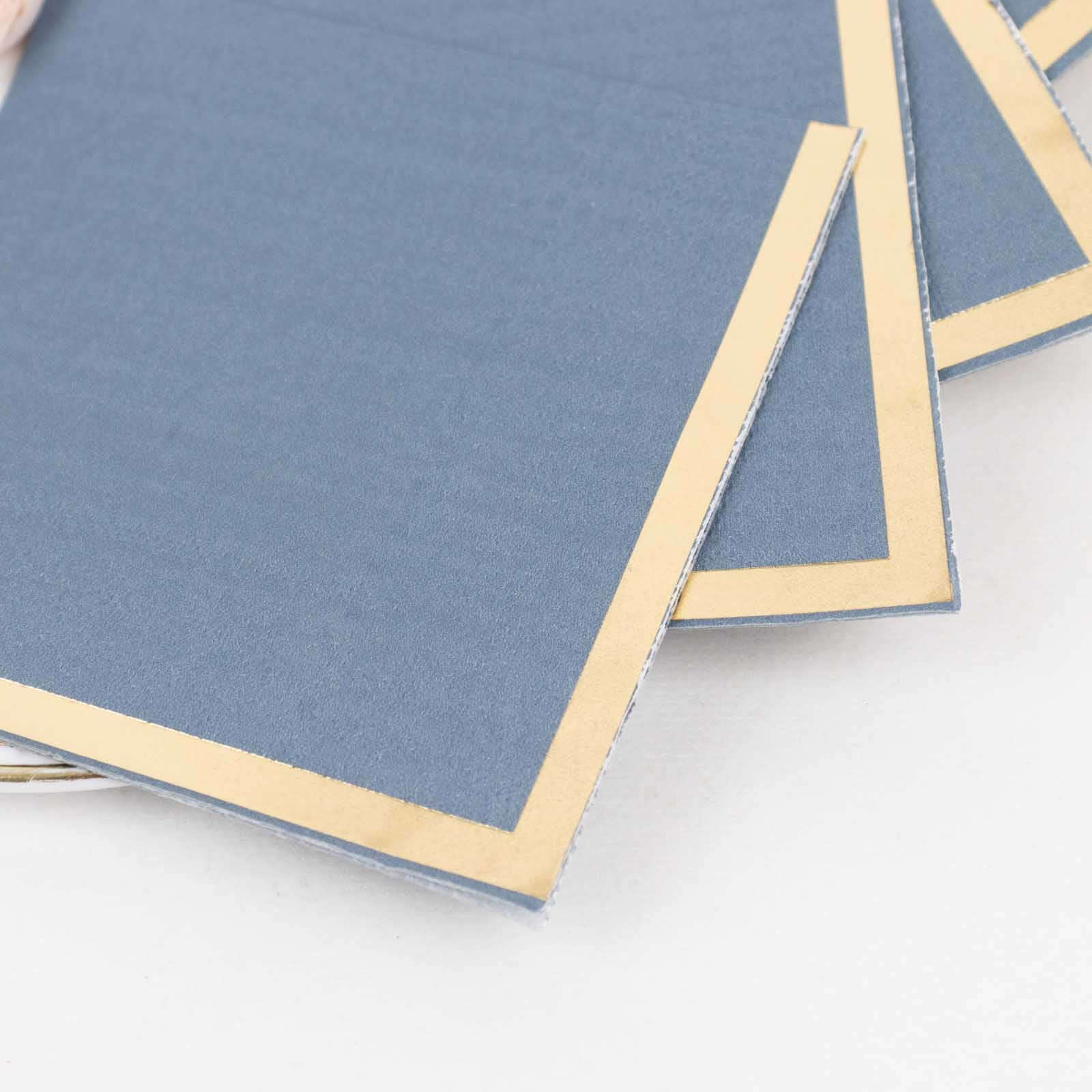 50-Pack Paper Beverage Napkins Dusty Blue with Gold Foil Edge - 2 Ply Disposable Soft 18GSM Cocktail Napkins 5"x5"
