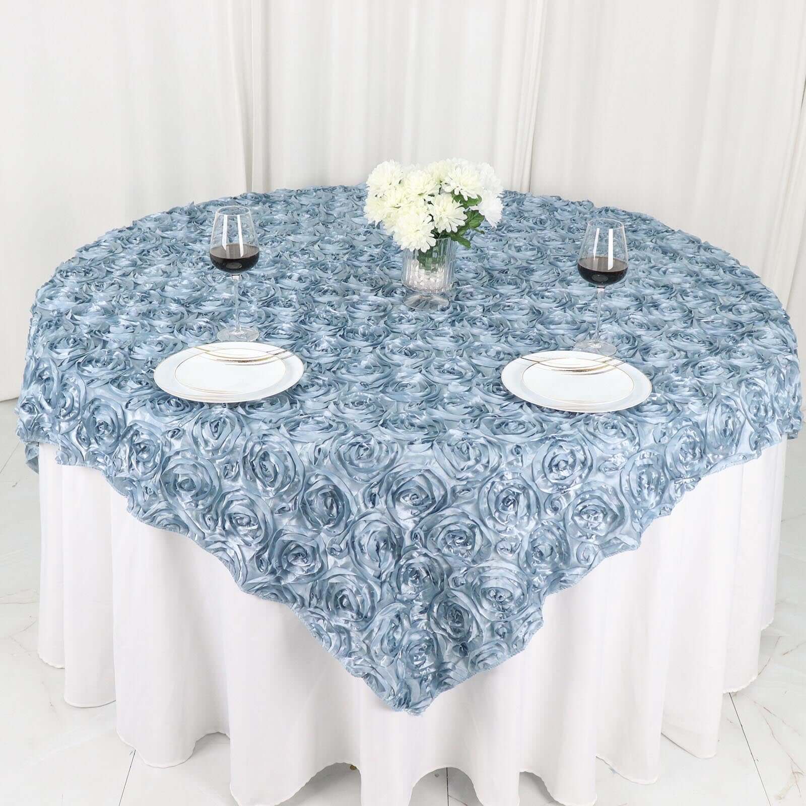 Satin 72"x72" Table Overlay Square Tablecloth Dusty Blue - 3D Rosette Table Cover