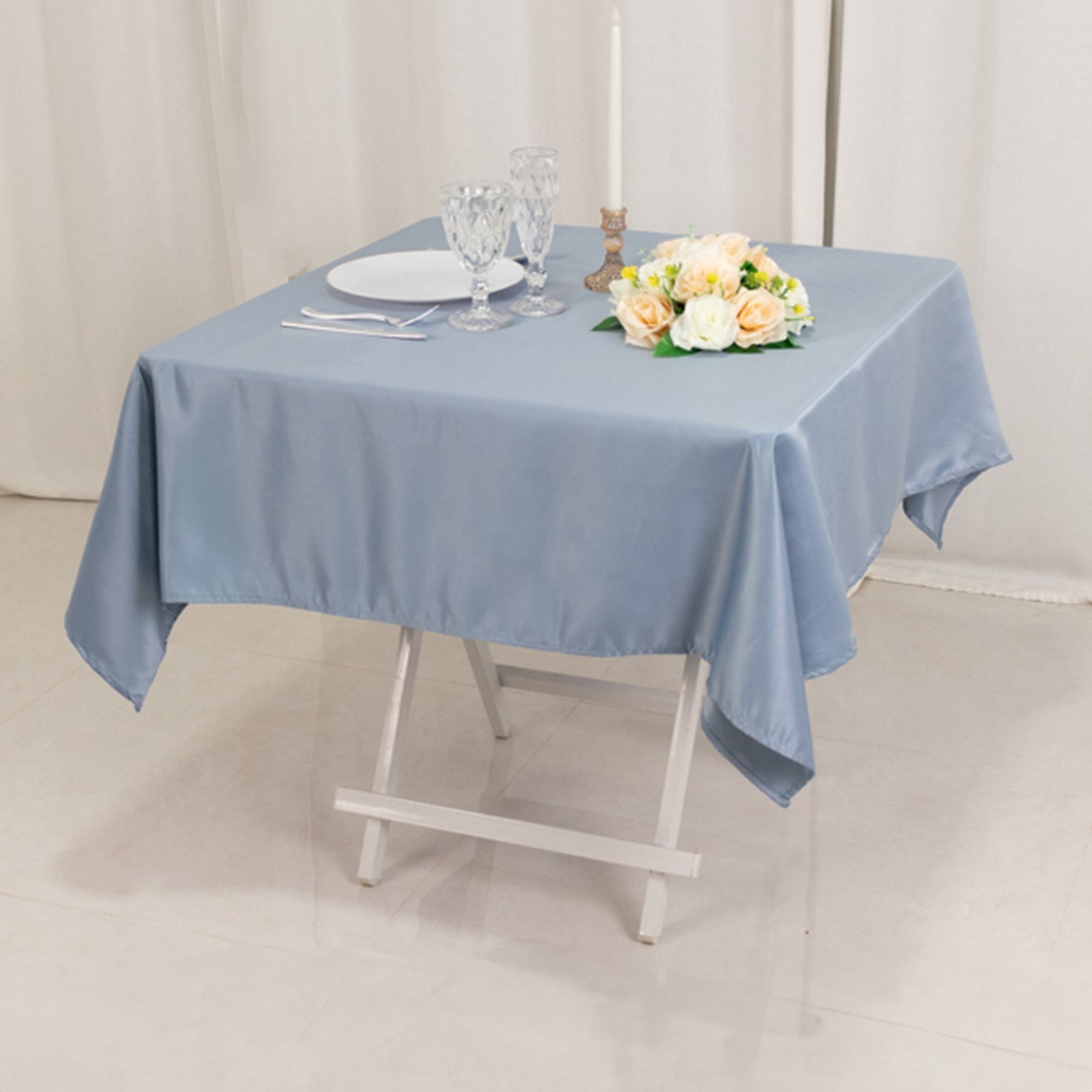 Lamour Satin 54"x54" Table Overlay Square Tablecloth Dusty Blue - Durable & Silk-Like Table Cover