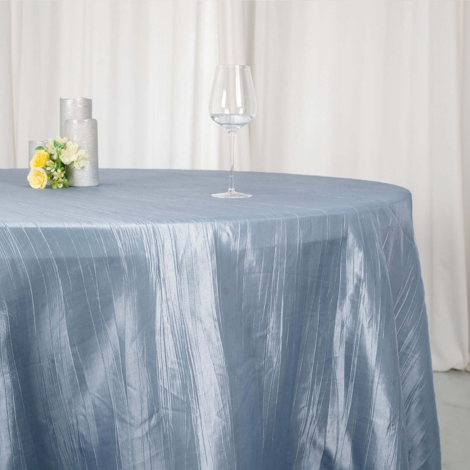 Taffeta 120" Round Tablecloth Dusty Blue - Seamless Accordion Crinkle Table Cover