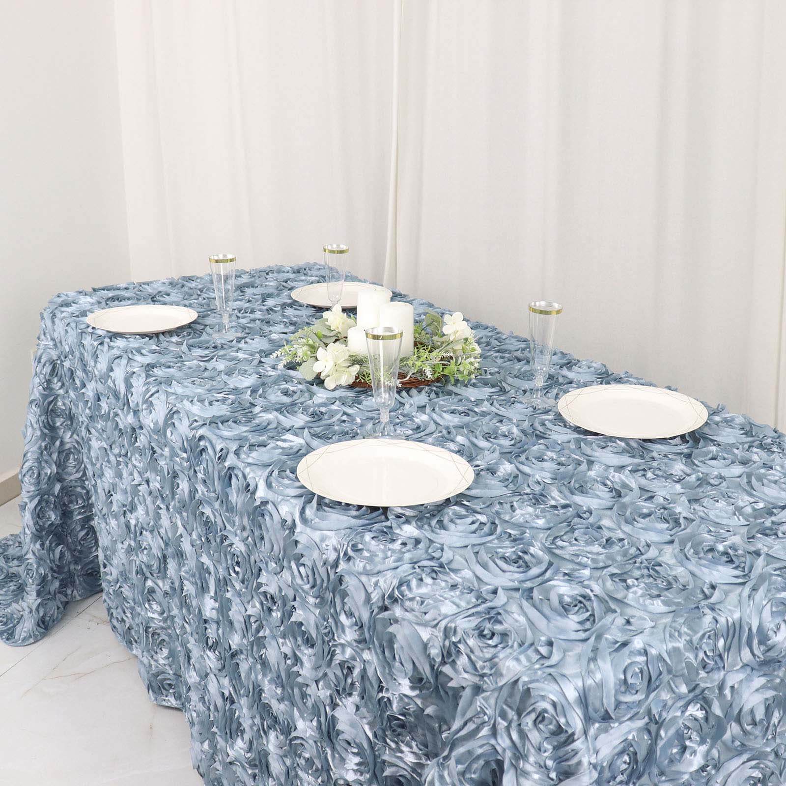 Satin 90"x132" Rectangle Tablecloth Dusty Blue - Grandiose 3D Rosette Seamless Table Cover