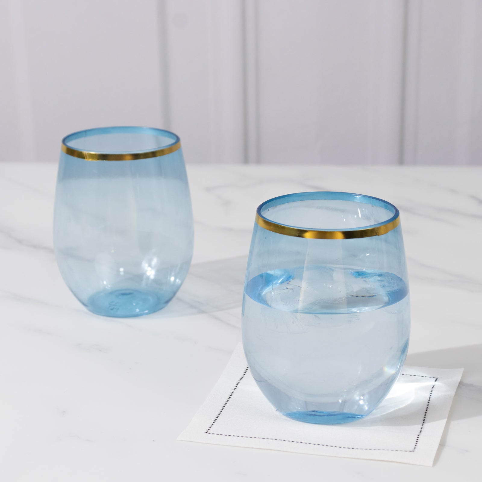 12-Pack Plastic Wine Tumblers Transparent Dusty Blue with Gold Rim - Reusable Drinkware 12oz
