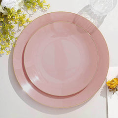 10-Pack Plastic 8" Round Dessert Plates in Dusty Rose with Gold Rim - Glossy Disposable Appetizer Salad Plates
