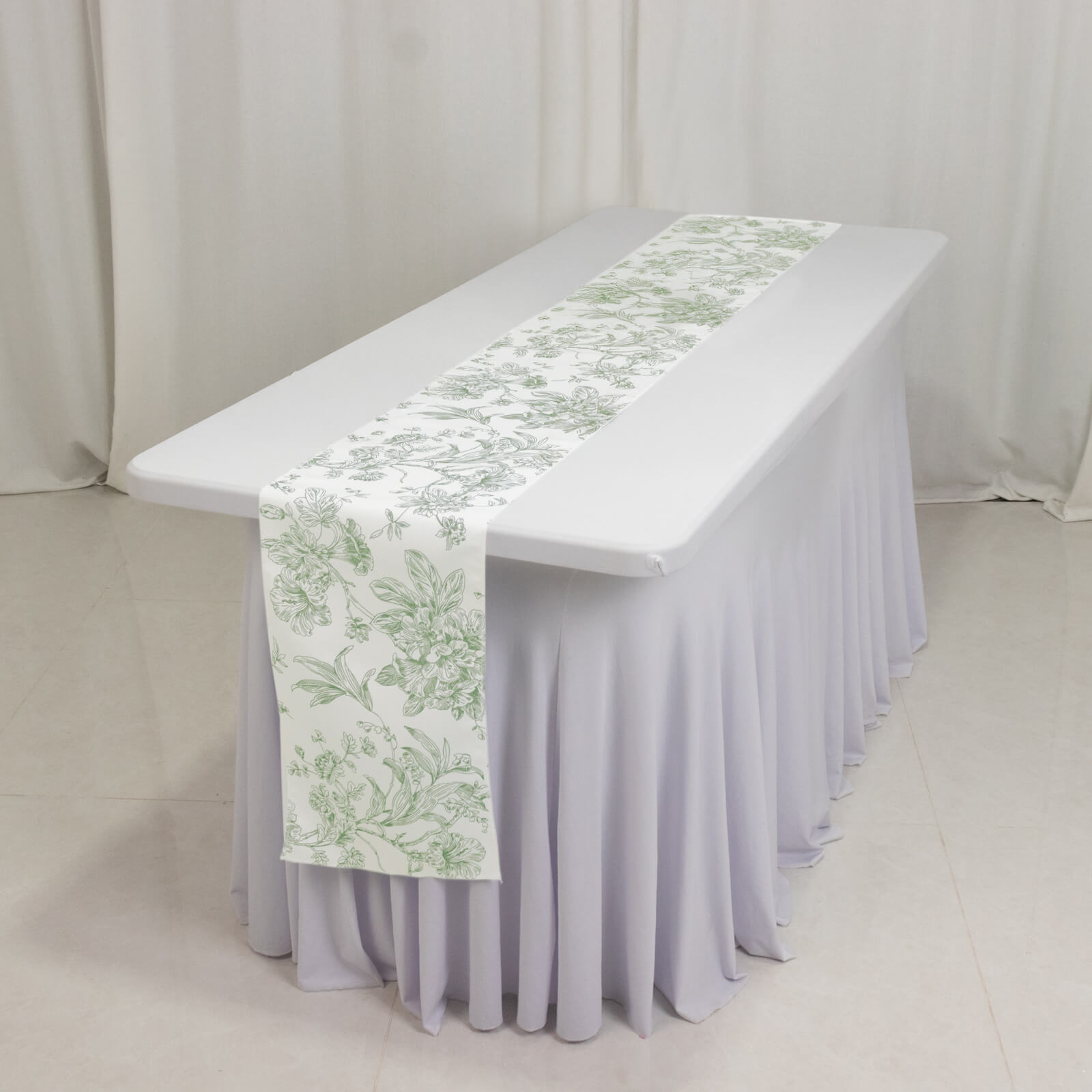 Polyester Table Runner 12"x108" White with Dusty Sage Green French Toile Floral Print Reusable Table Décor