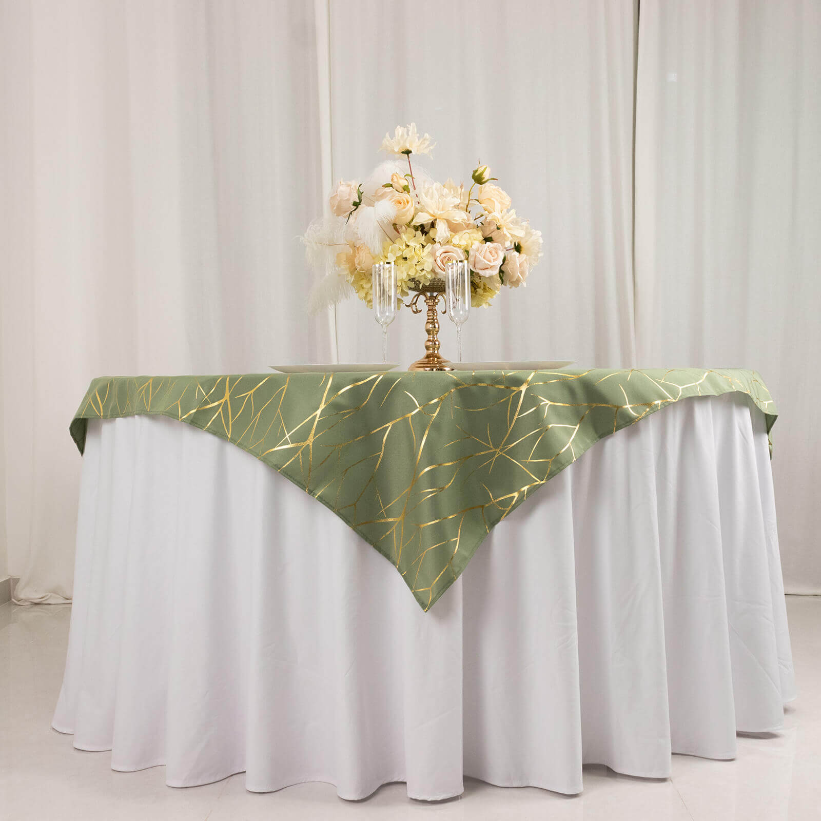 Polyester 54"x54" Table Overlay Square Tablecloth Dusty Sage Green with Gold Foil Tree Branch Pattern - Wrinkle-Resistant & Durable Table Cover