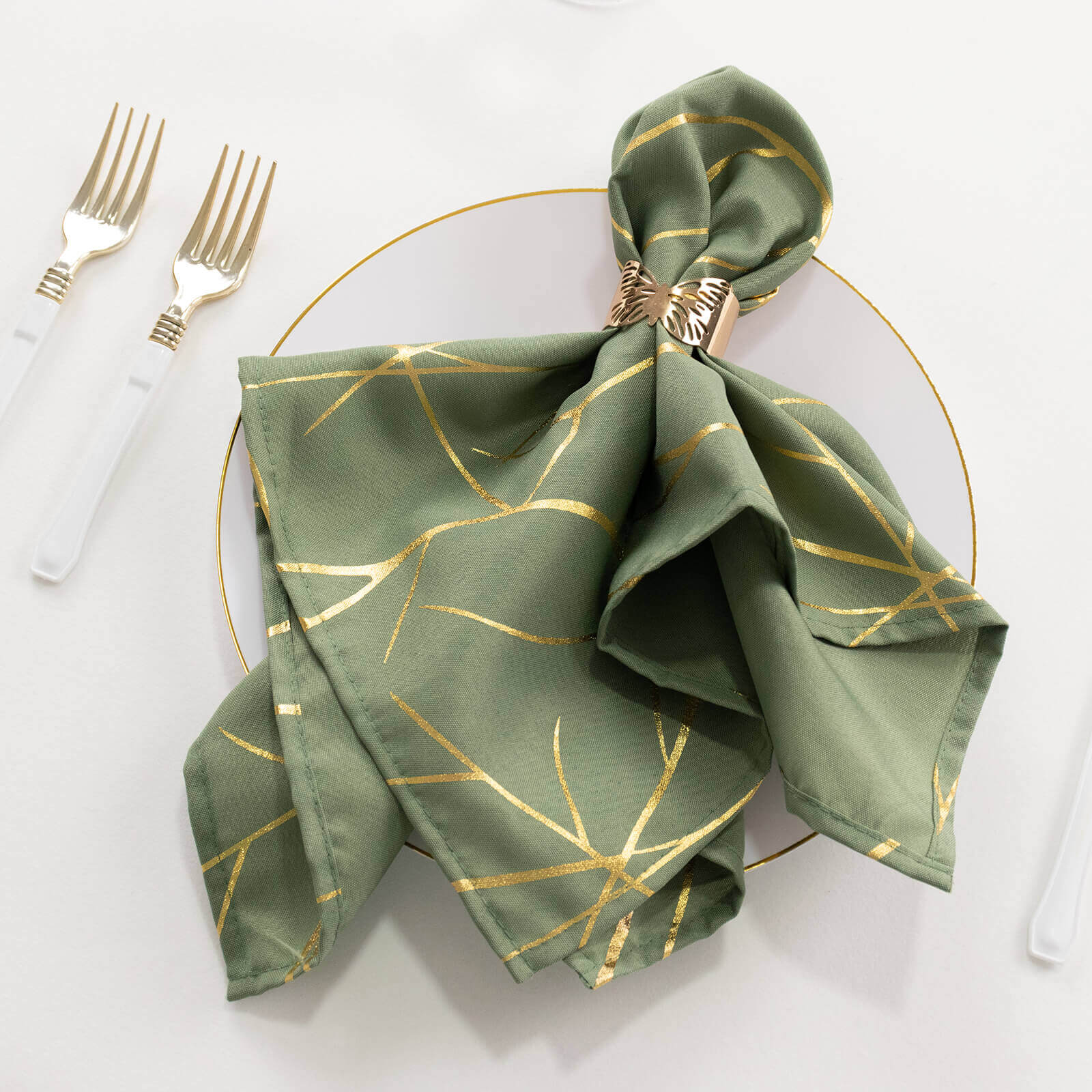 5 Pack Polyester 20"x20" Napkins Dusty Sage Green with Gold Foil Tree Branch Pattern - Modern Wrinkle Resistant Cloth Napkins for Weddings & Parties