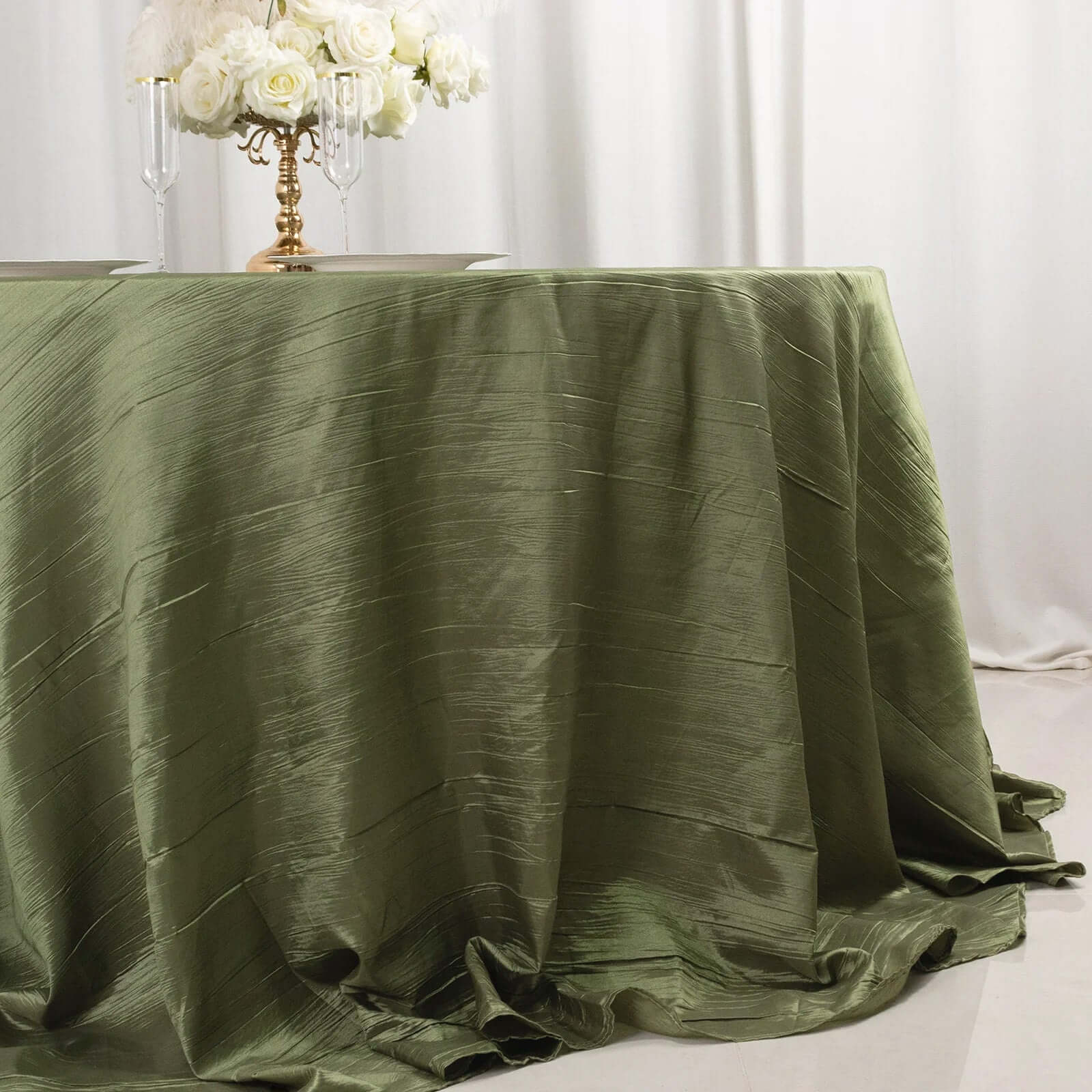 Taffeta 132" Round Tablecloth Dusty Sage Green - Seamless Accordion Crinkle Table Cover