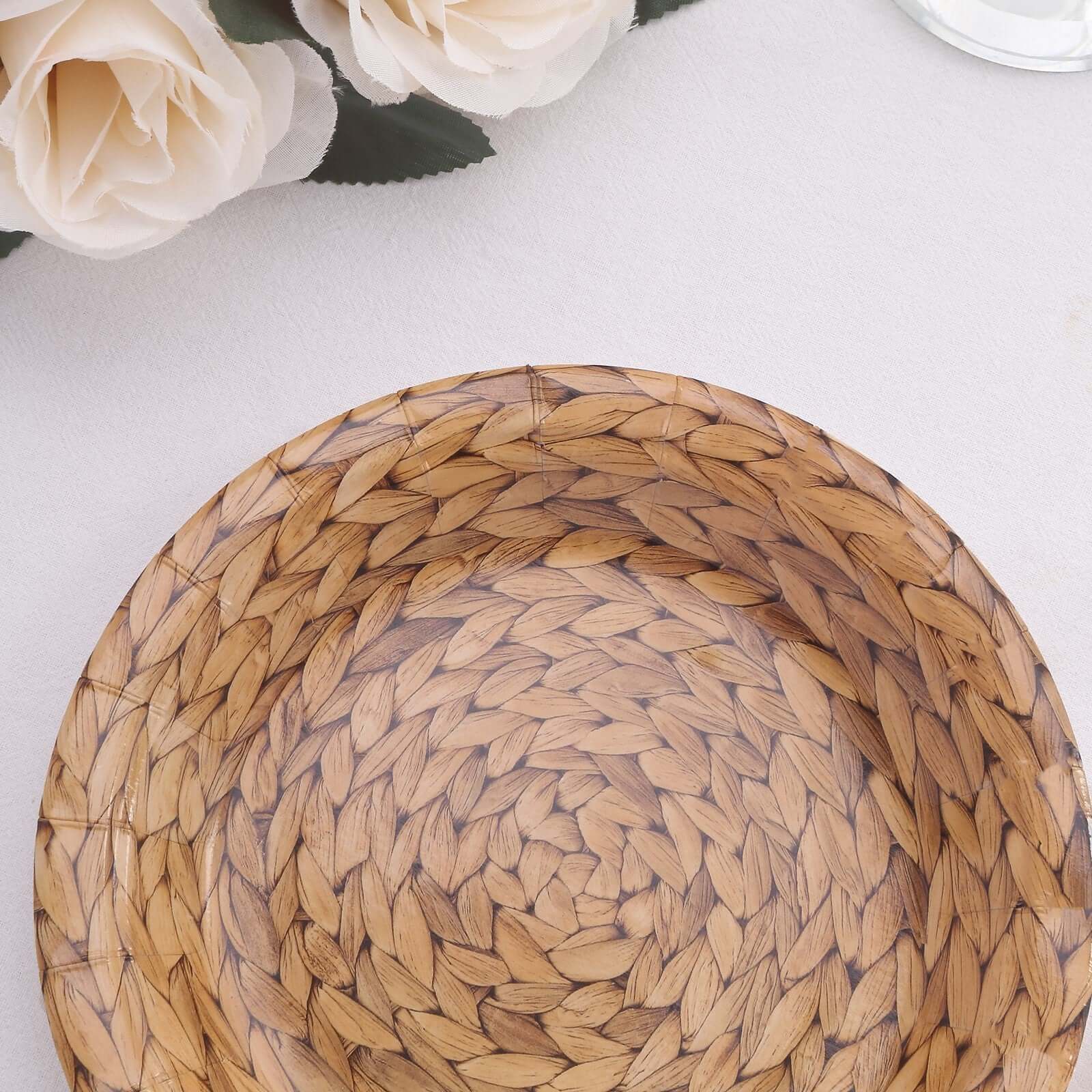 25-Pack Paper 7" Round Dessert Plates in Natural with Woven Rattan Print - Rustic Farmhouse Disposable 300GSM Appetizer Salad Plates for Indoor & Outdoor Gatherings