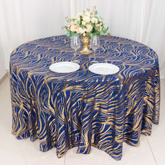 Sequin Mesh 120" Round Tablecloth Royal Blue/Gold - Seamless Wave Embroidered Table Cover