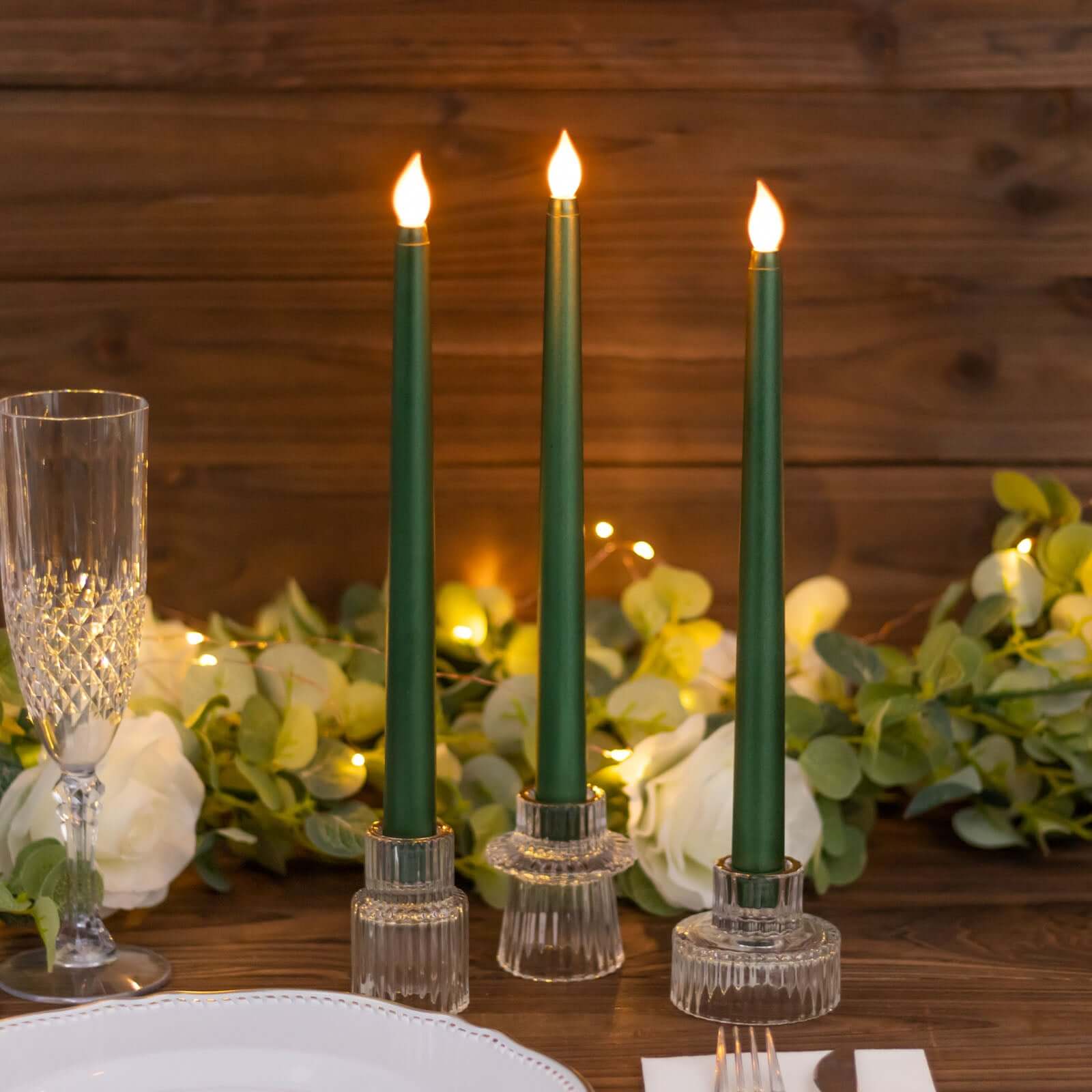 3-Pack LED Decorative Lighting Warm Flickering Hunter Emerald Green - Flameless Taper Candles 11"